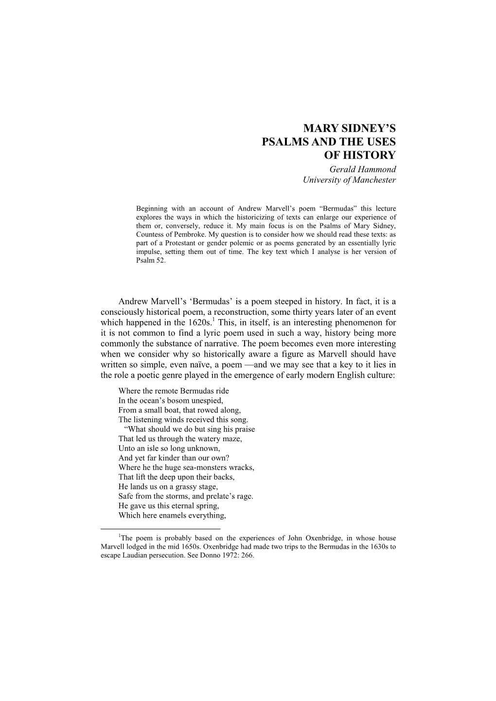 Mary Sidney's Psalms and the Uses of History