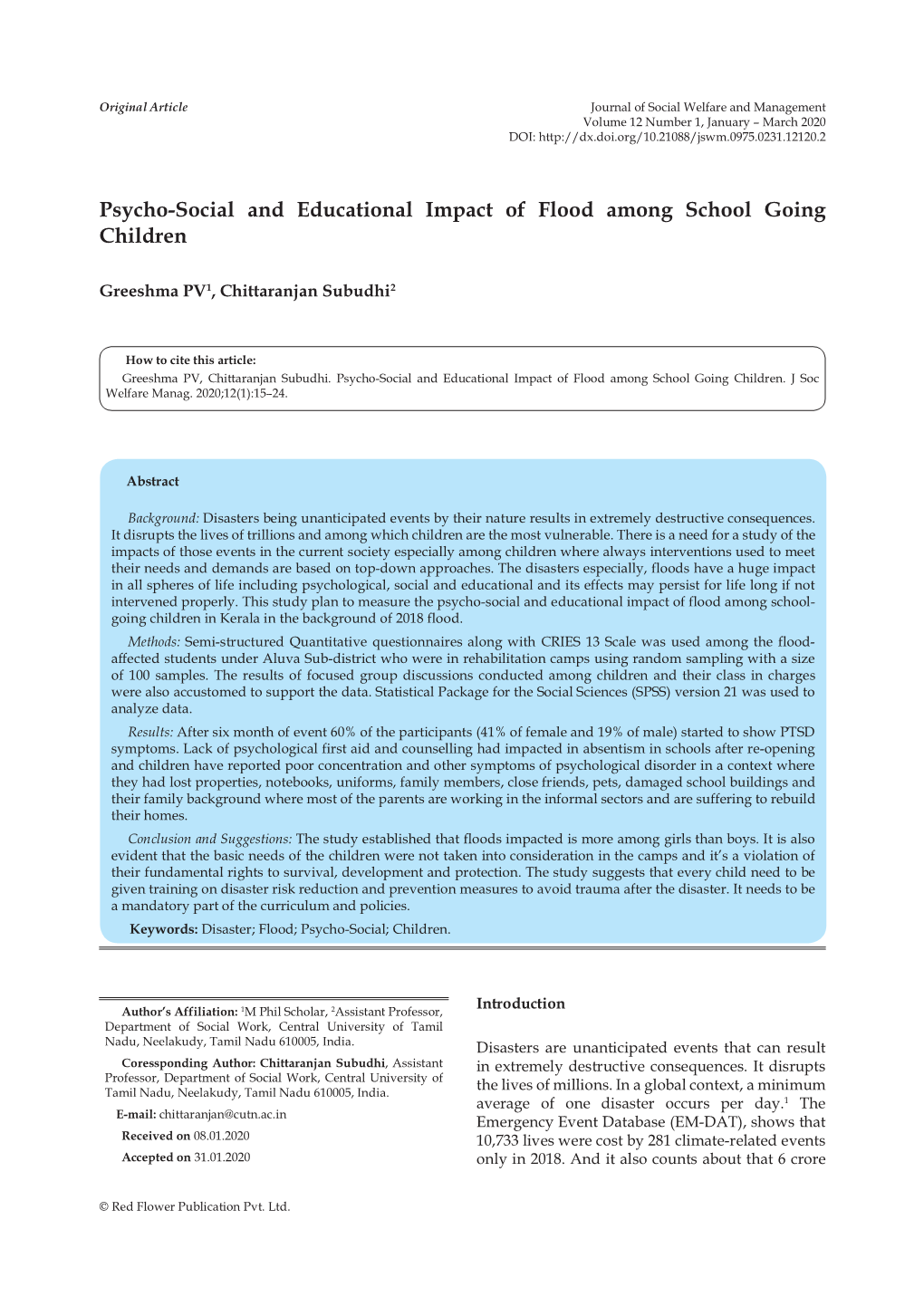 Psycho-Social and Educational Impact of Flood Among School Going Children