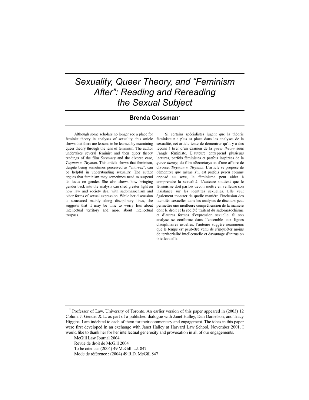 Sexuality, Queer Theory, and “Feminism After”: Reading and Rereading the Sexual Subject