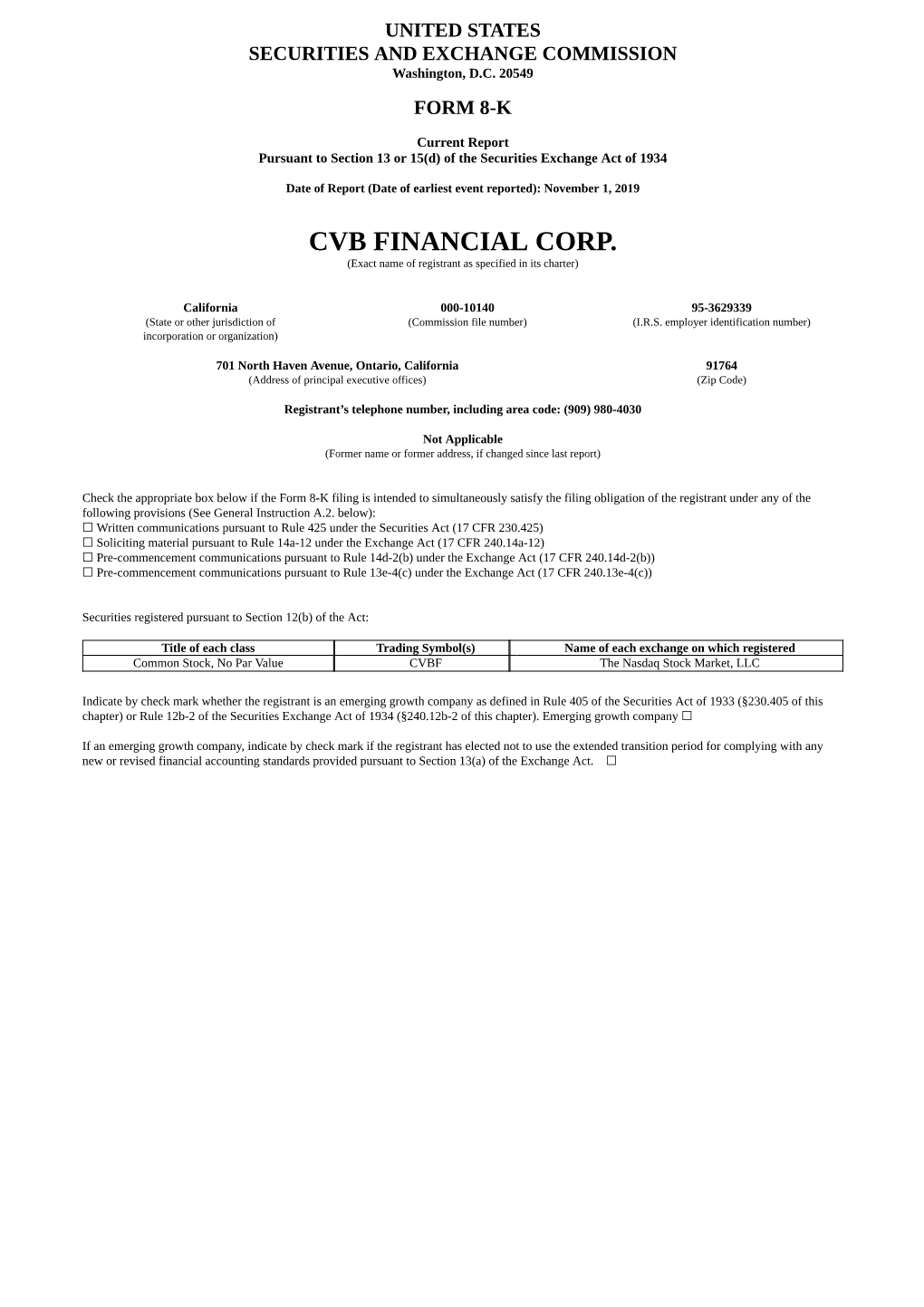 CVB FINANCIAL CORP. (Exact Name of Registrant As Specified in Its Charter)