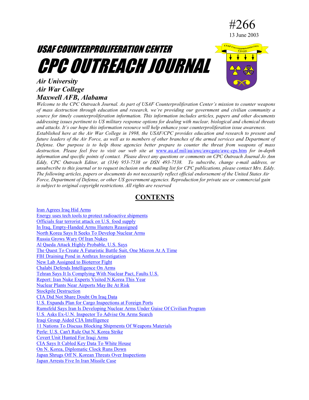 USAF Counterproliferation Center CPC Outreach Journal #266