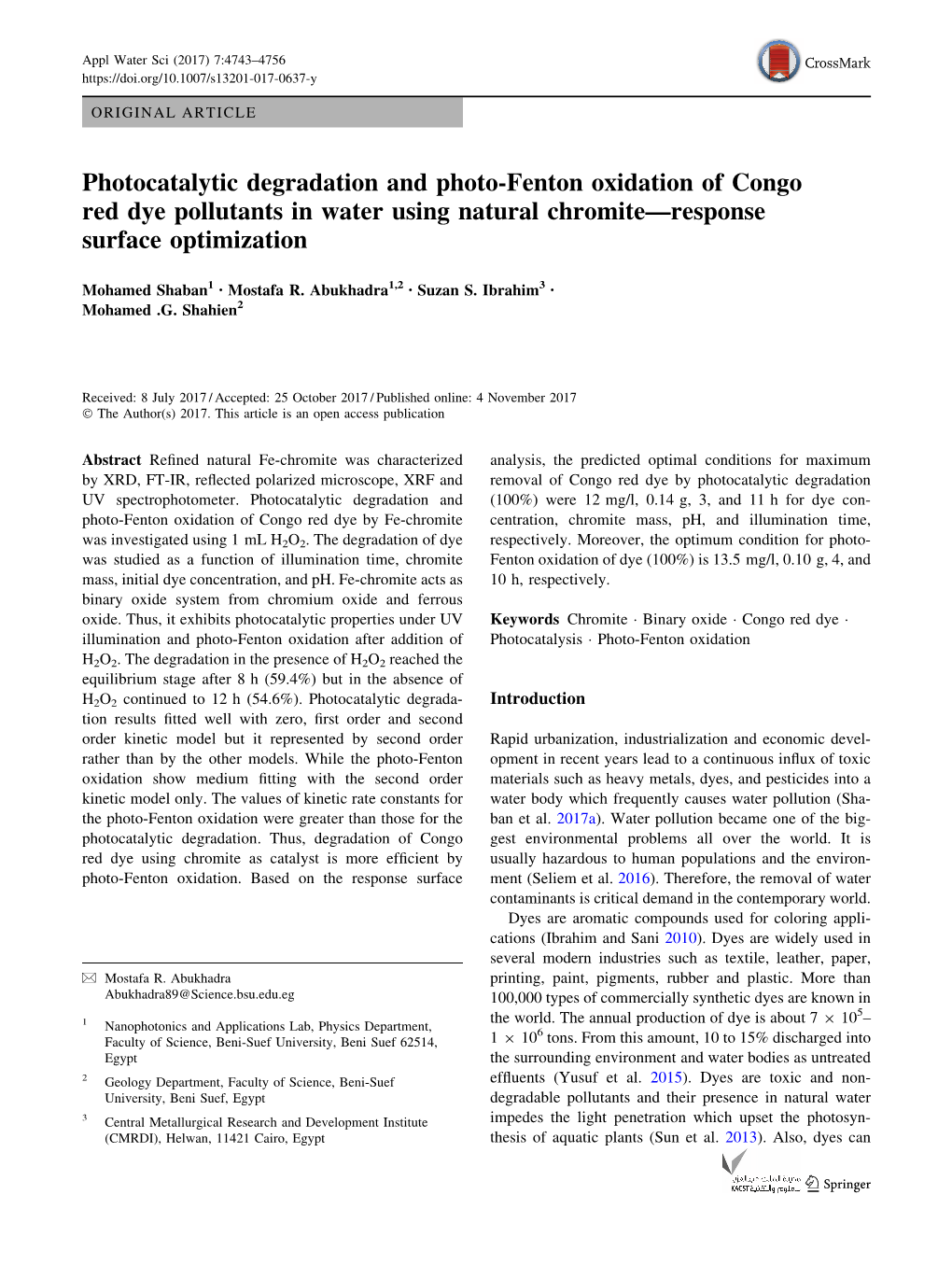 Photocatalytic Degradation and Photo-Fenton Oxidation of Congo Red Dye Pollutants in Water Using Natural Chromite—Response Surface Optimization