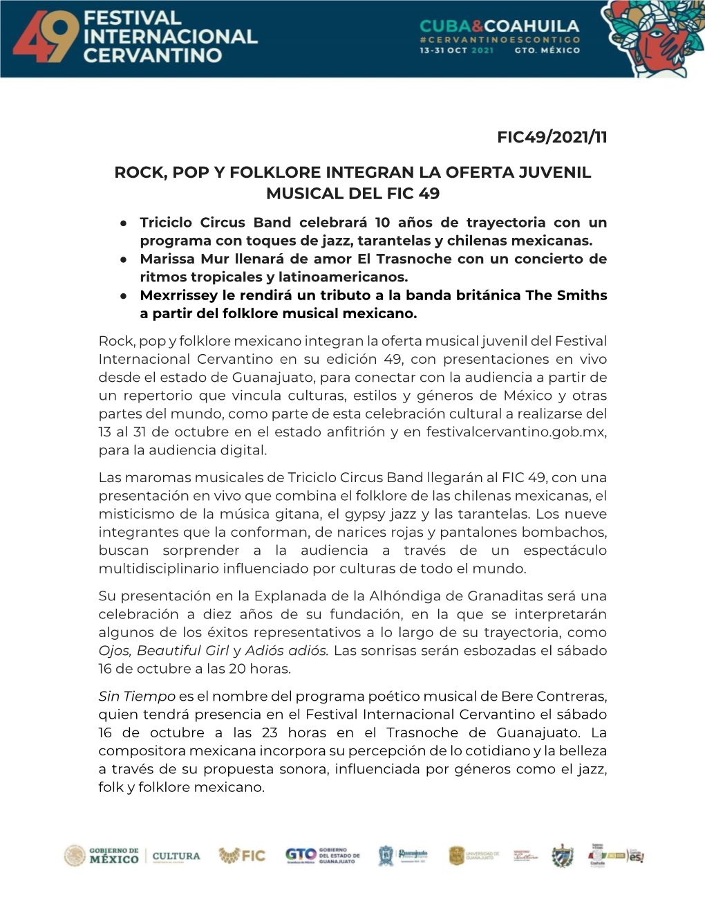 Fic49/2021/11 Rock, Pop Y Folklore Integran La Oferta Juvenil Musical