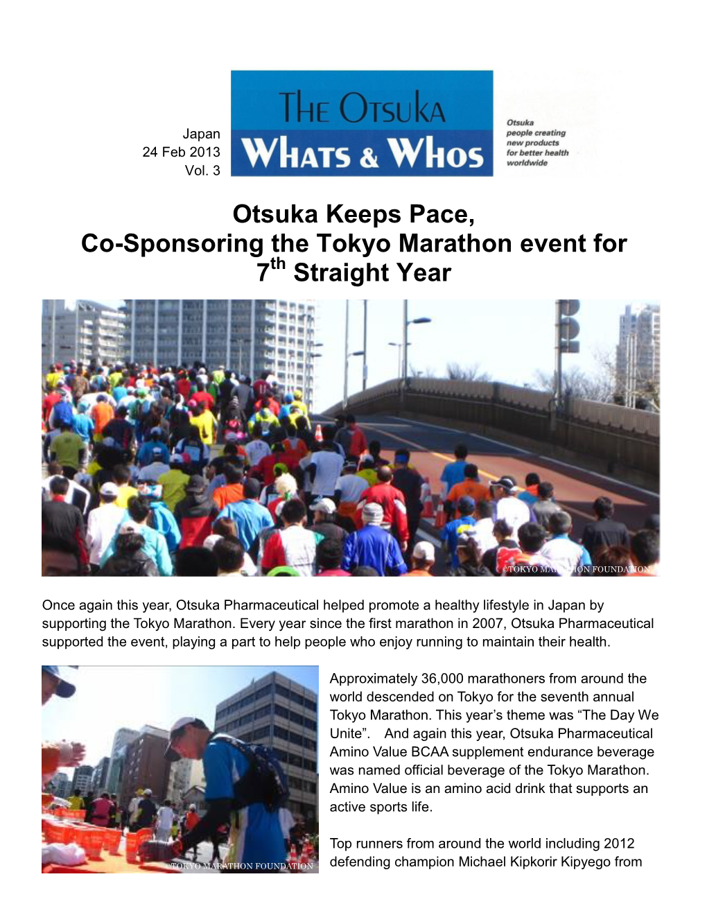 Otsuka Keeps Pace, Co-Sponsoring the Tokyo Marathon Event for 7Th Straight Year