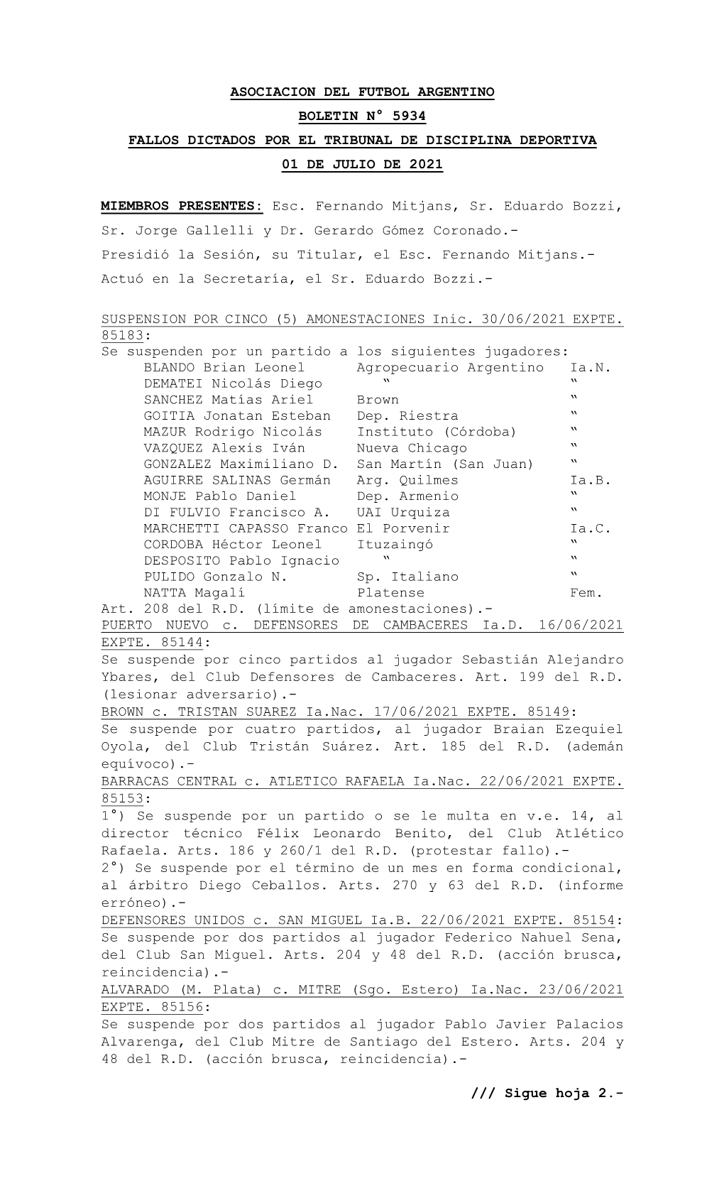 Asociacion Del Futbol Argentino Boletin N° 5934 Fallos Dictados Por El Tribunal De Disciplina Deportiva 01 De Julio De 2021