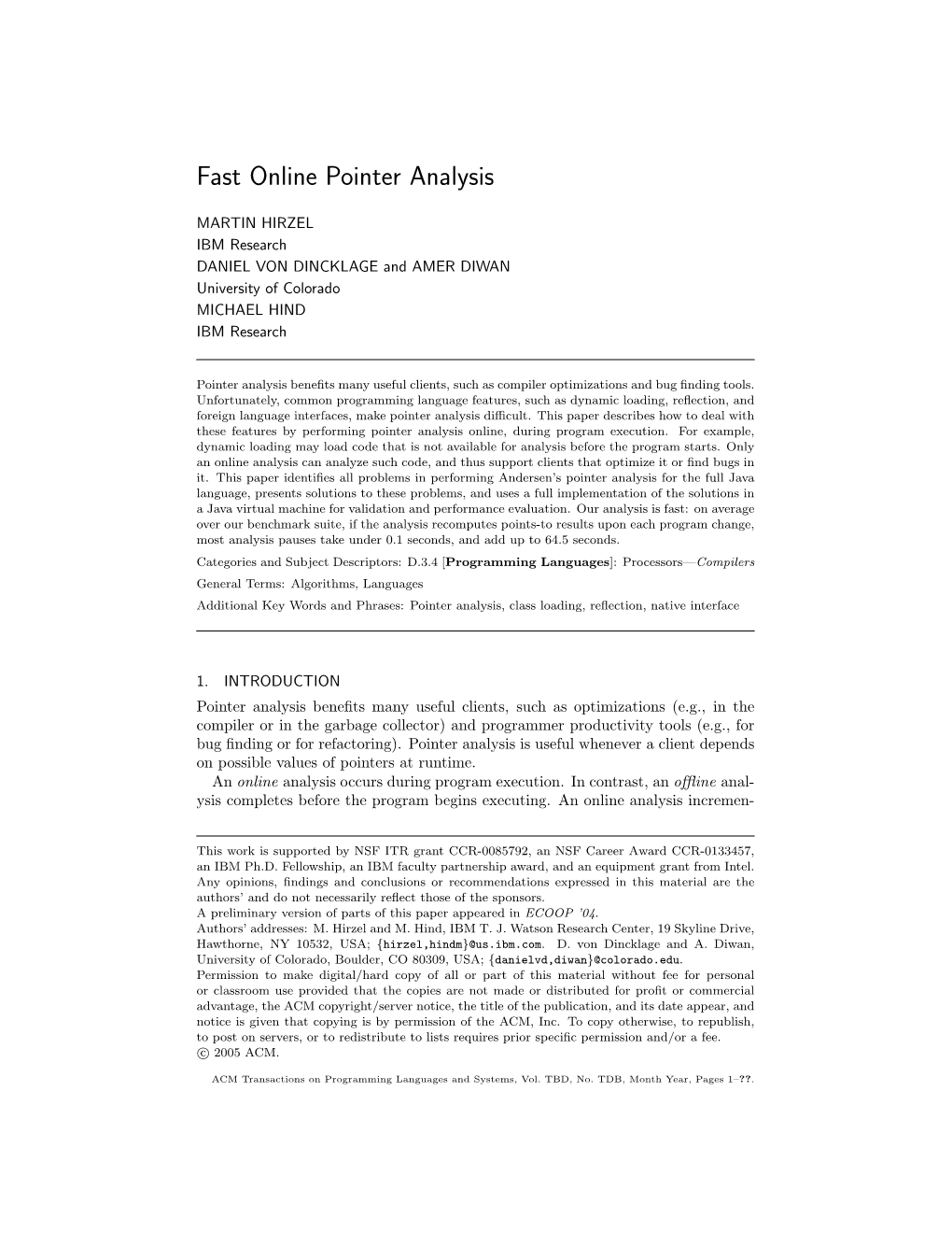 Fast Online Pointer Analysis