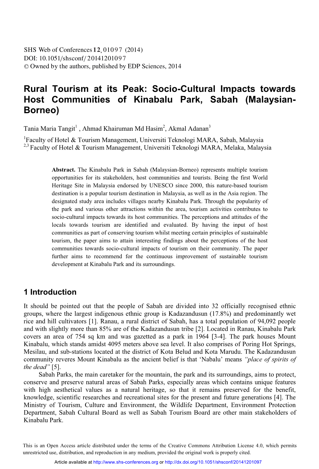 Socio-Cultural Impacts Towards Host Communities of Kinabalu Park, Sabah (Malaysian- Borneo)