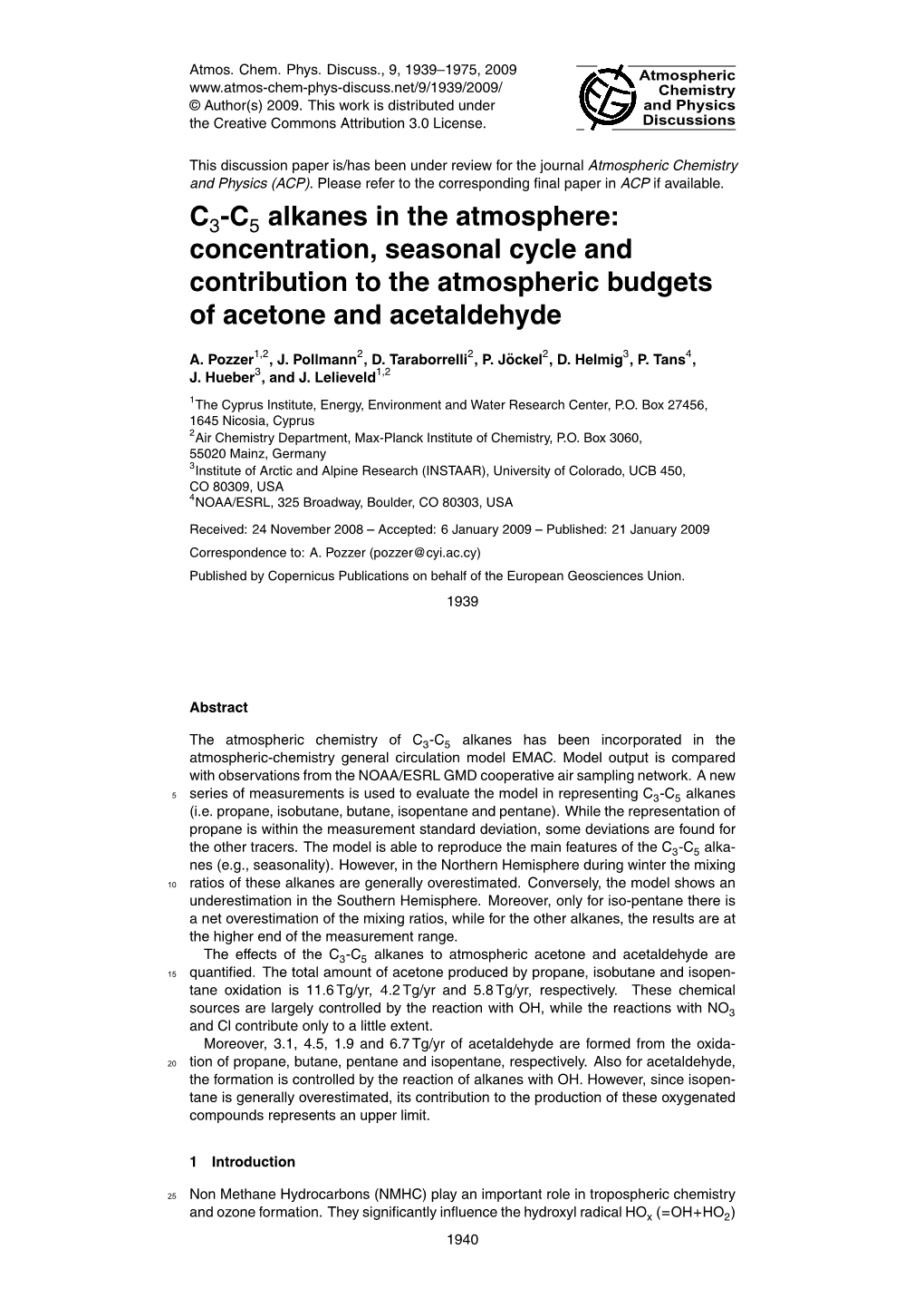 C -C Alkanes in the Atmosphere: Concentration, Seasonal Cycle And