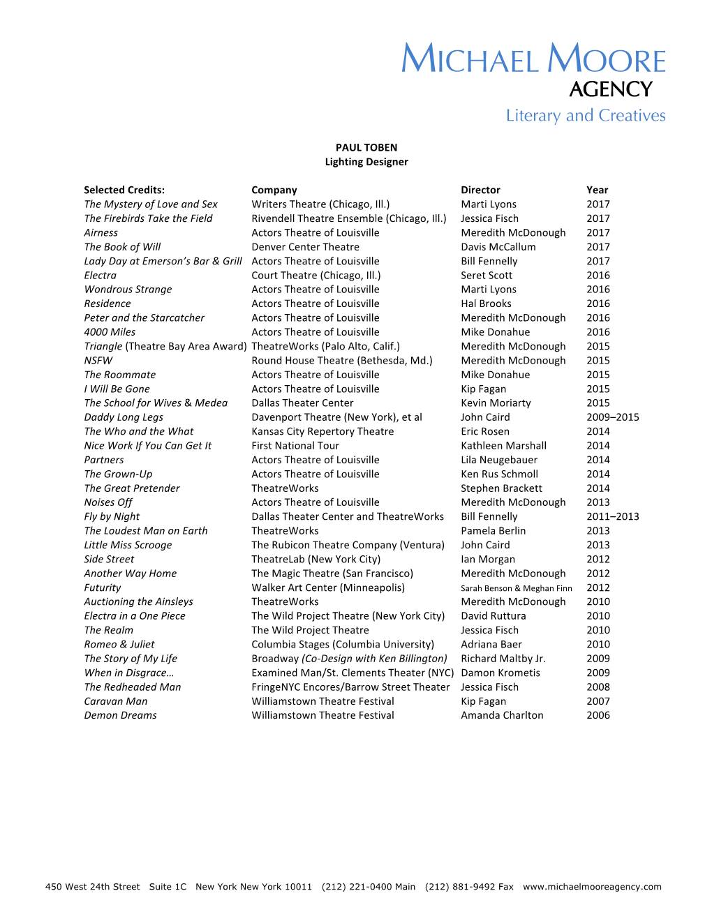 PAUL TOBEN Lighting Designer Selected Credits: Company Director Year the Mystery of Love and Sex Writers Theatre
