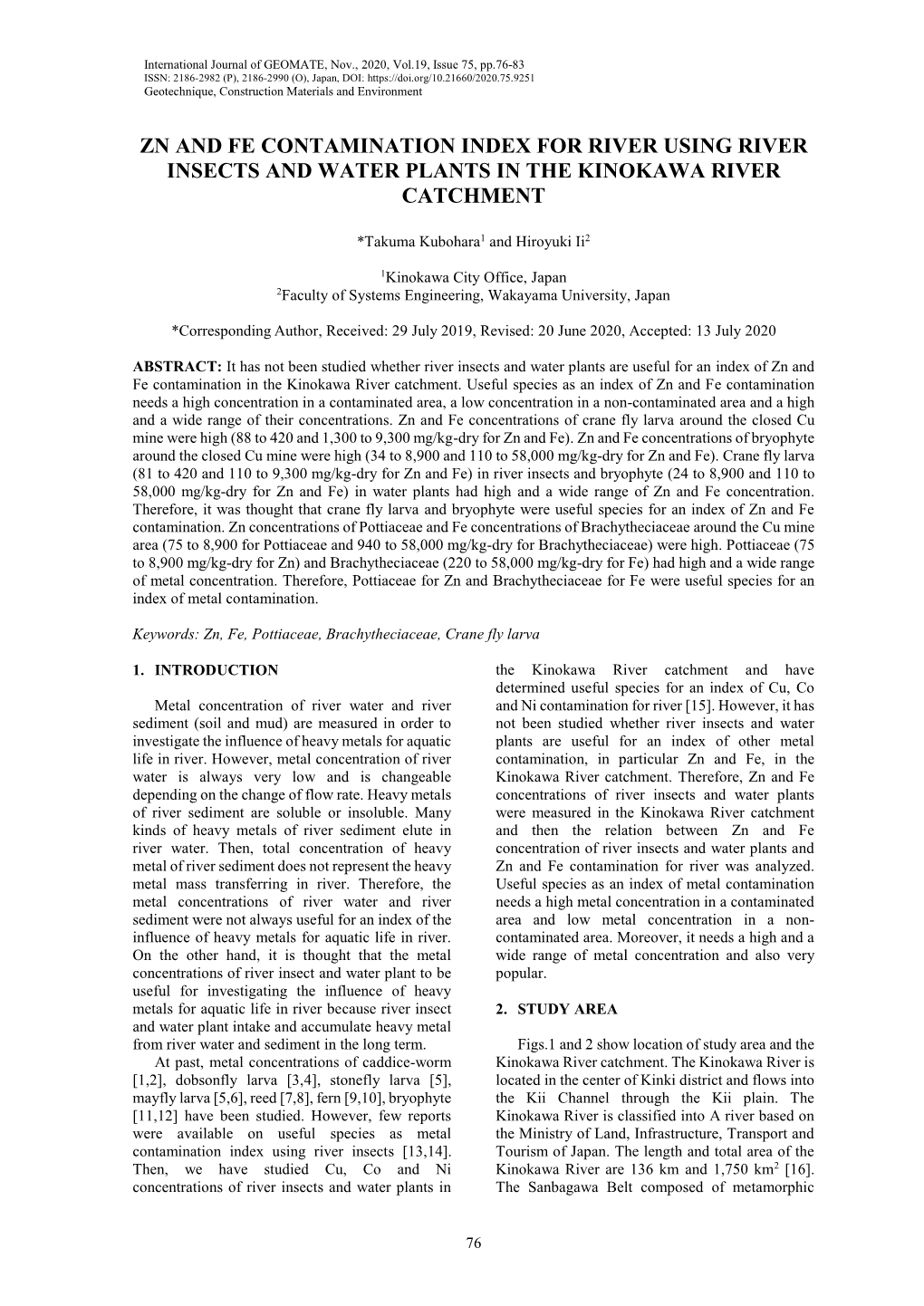 Zn and Fe Contamination Index for River Using River Insects and Water Plants in the Kinokawa River Catchment