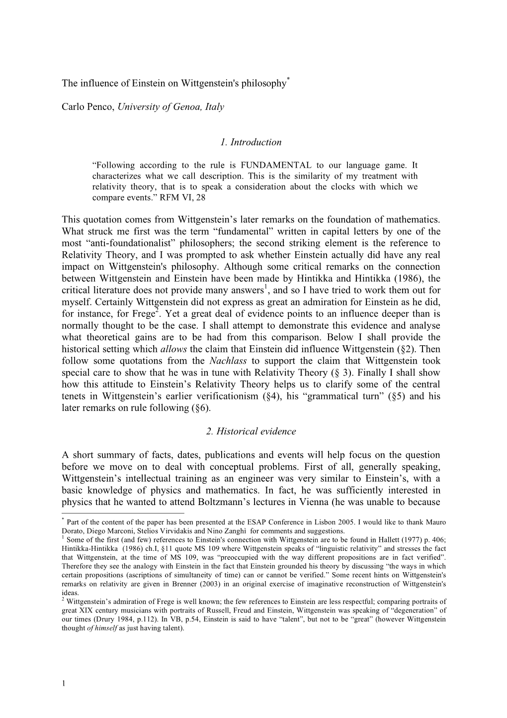 The Influence of Einstein on Wittgenstein's Philosophy* Carlo Penco, University of Genoa, Italy 1. Introduction This Quotation C