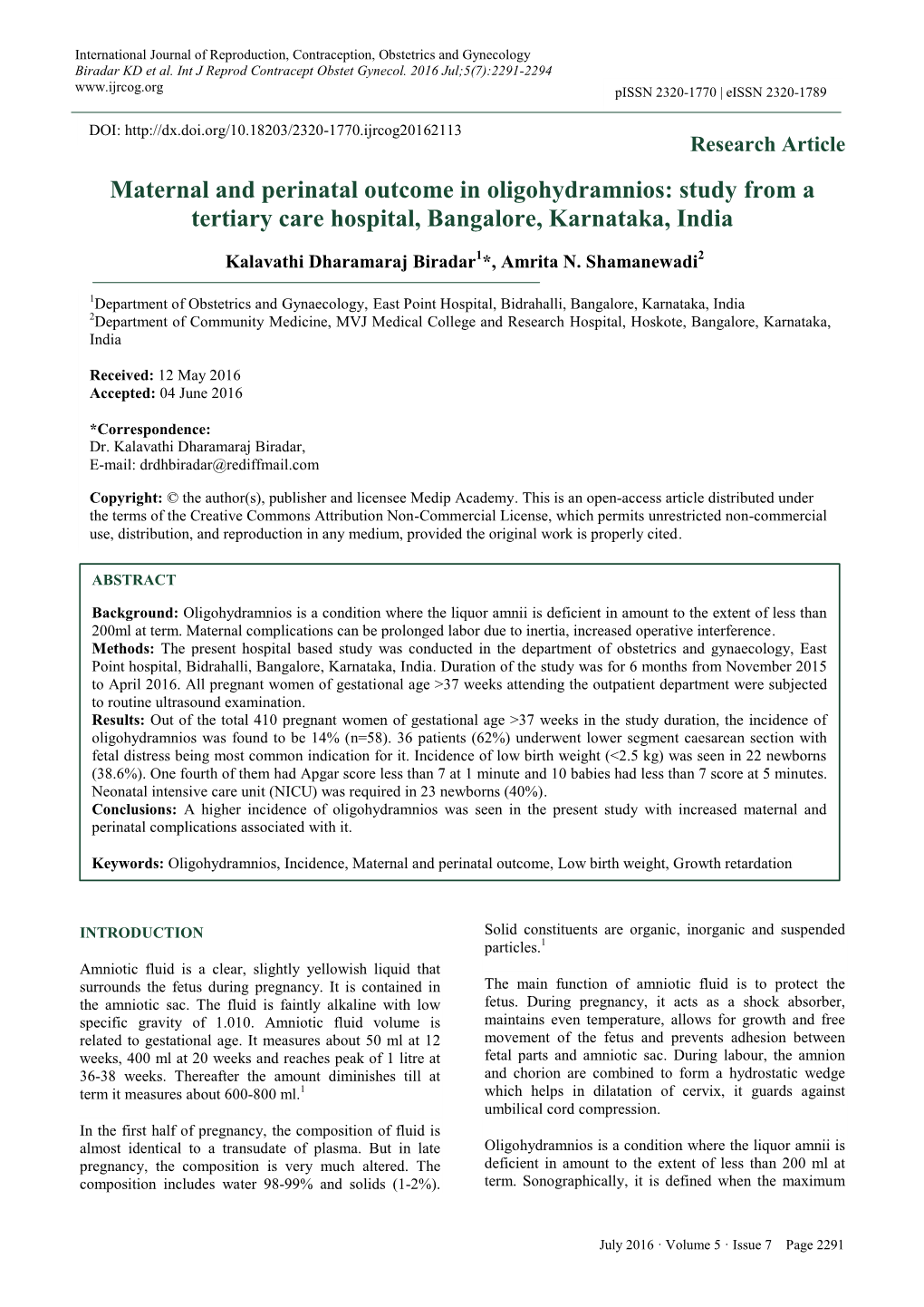 Maternal and Perinatal Outcome in Oligohydramnios: Study from a Tertiary Care Hospital, Bangalore, Karnataka, India
