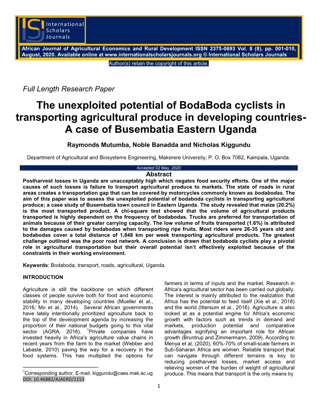 The Unexploited Potential of Bodaboda Cyclists in Transporting Agricultural Produce in Developing Countries- a Case of Busembatia Eastern Uganda
