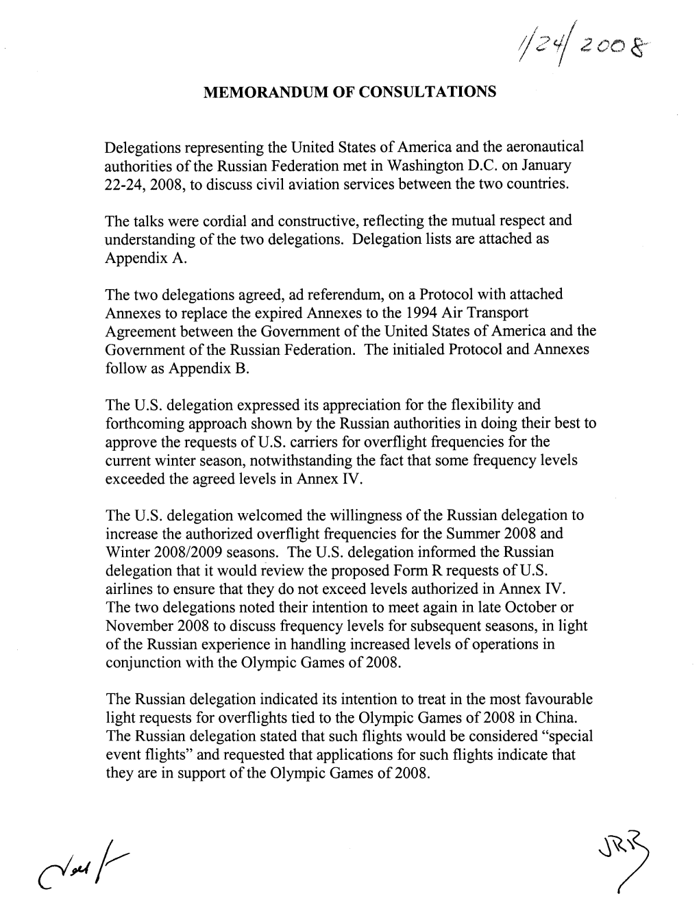U.S.-Russia Memorandum of Consultations of January 24, 2008