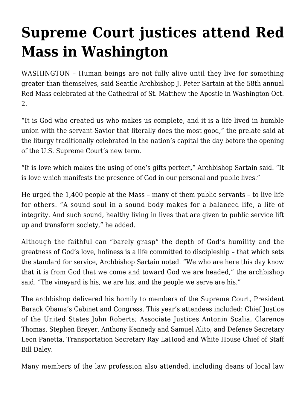 Supreme Court Justices Attend Red Mass in Washington