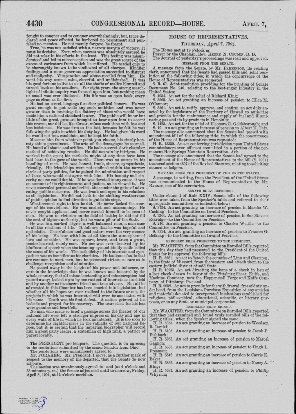 CONGRESSIONAL RECORD- HOUSE. APRIL 7, Fought to Conquer and to Conquer Overwhelmingly, But, Truce De­ HOUSE of Representarrives