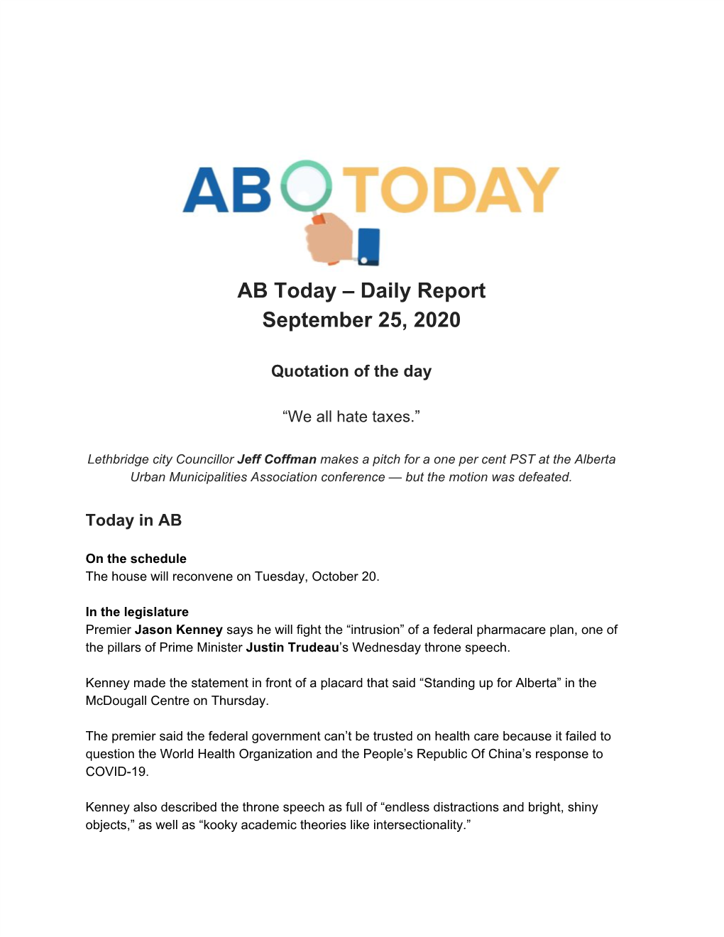 AB Today – Daily Report September 25, 2020