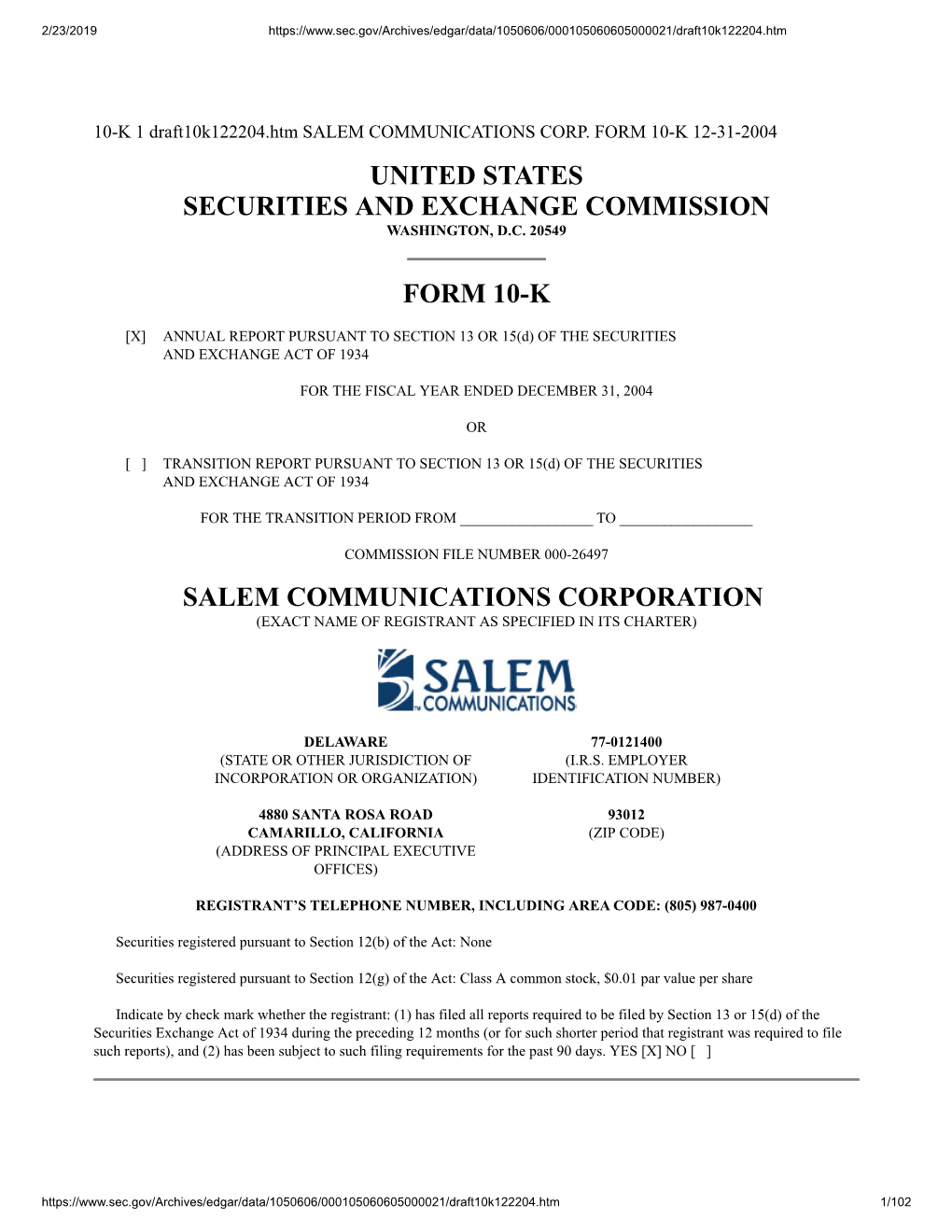 United States Securities and Exchange Commission Form