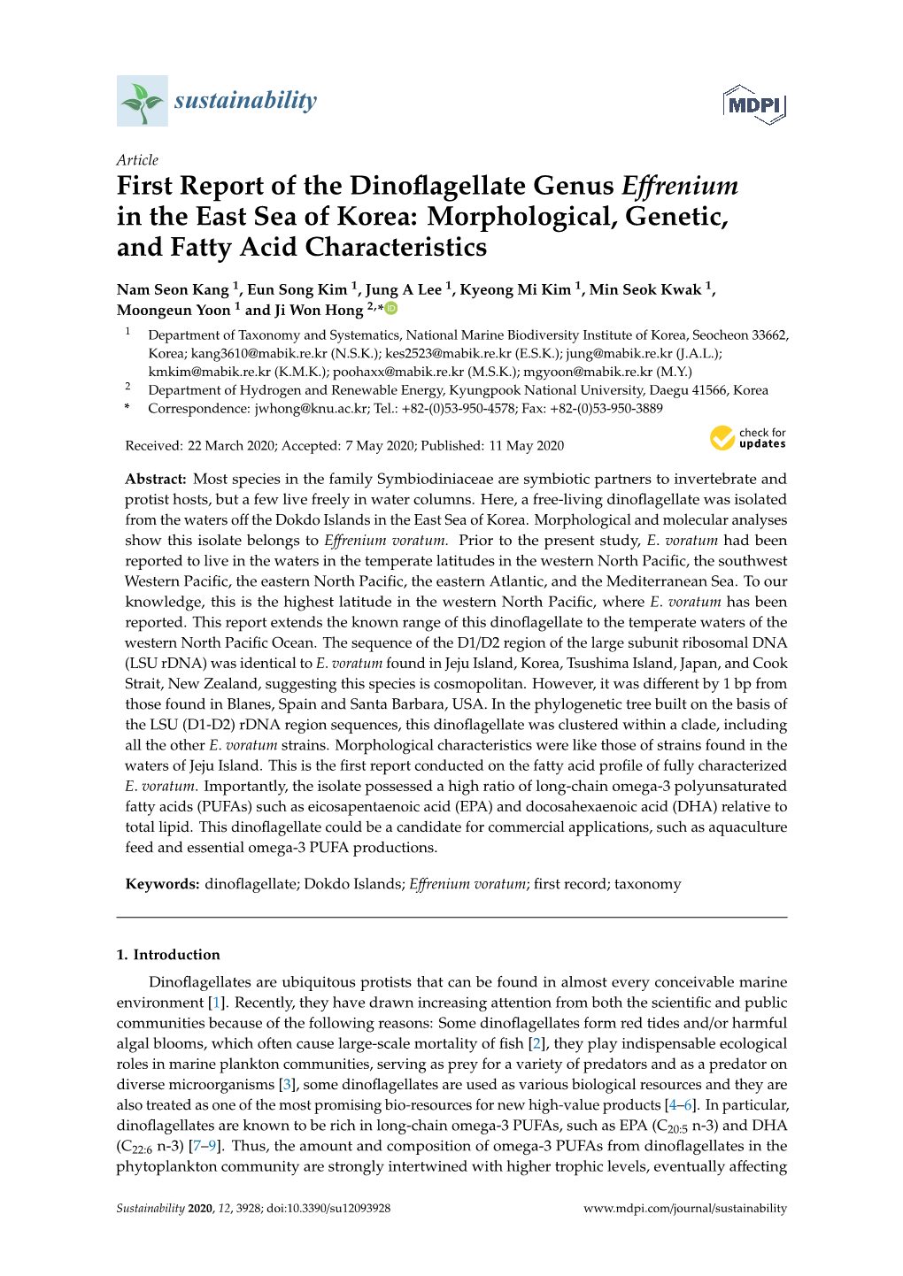 First Report of the Dinoflagellate Genus Effrenium in the East Sea of Korea: Morphological, Genetic, and Fatty Acid Characterist