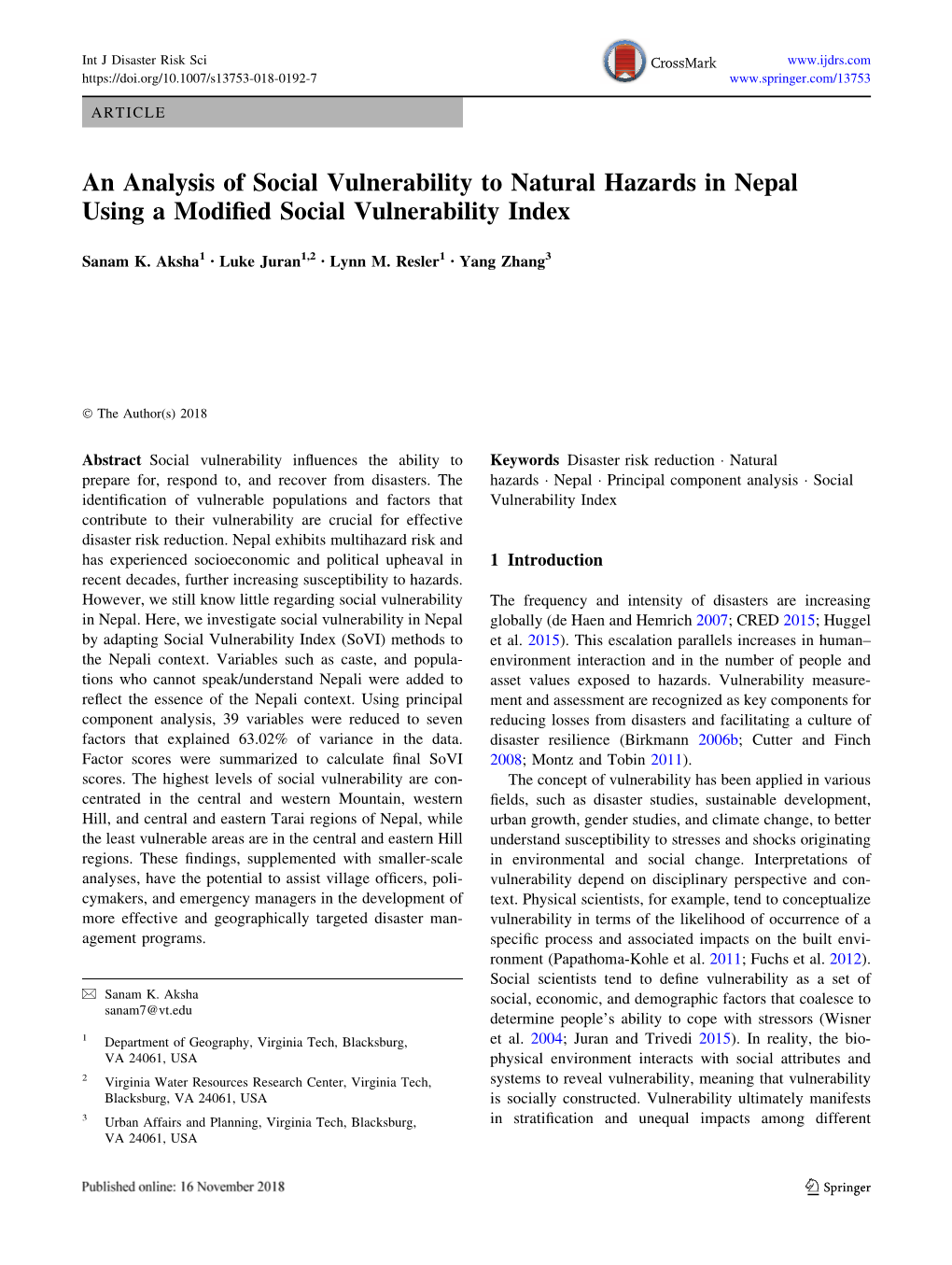 An Analysis of Social Vulnerability to Natural Hazards in Nepal Using a Modiﬁed Social Vulnerability Index