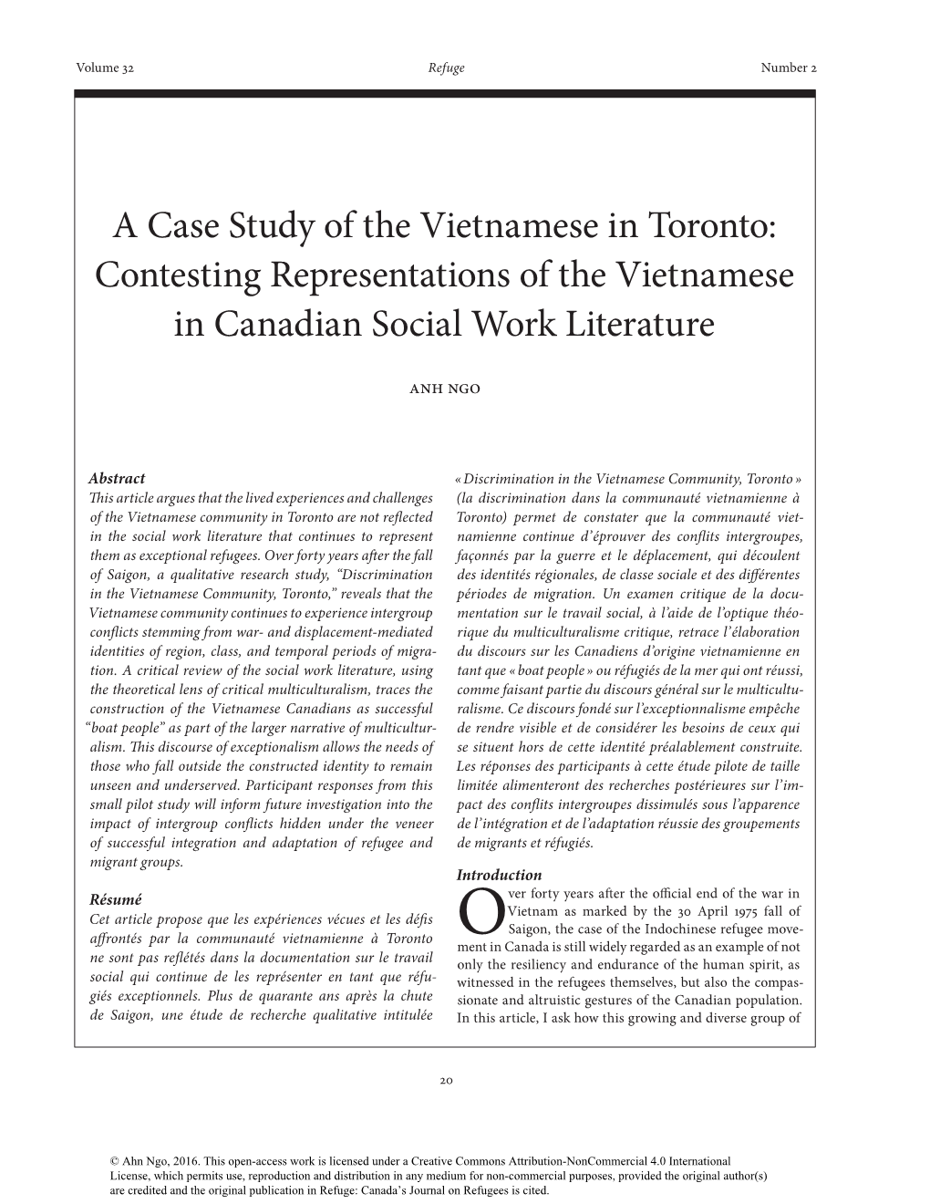 A Case Study of the Vietnamese in Toronto: Contesting Representations of the Vietnamese in Canadian Social Work Literature