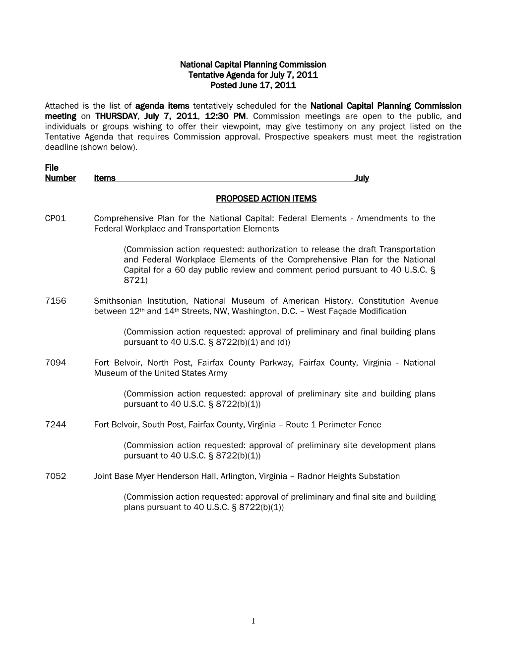 National Capital Planning Commission Tentative Agenda for July 7, 2011 Posted June 17, 2011