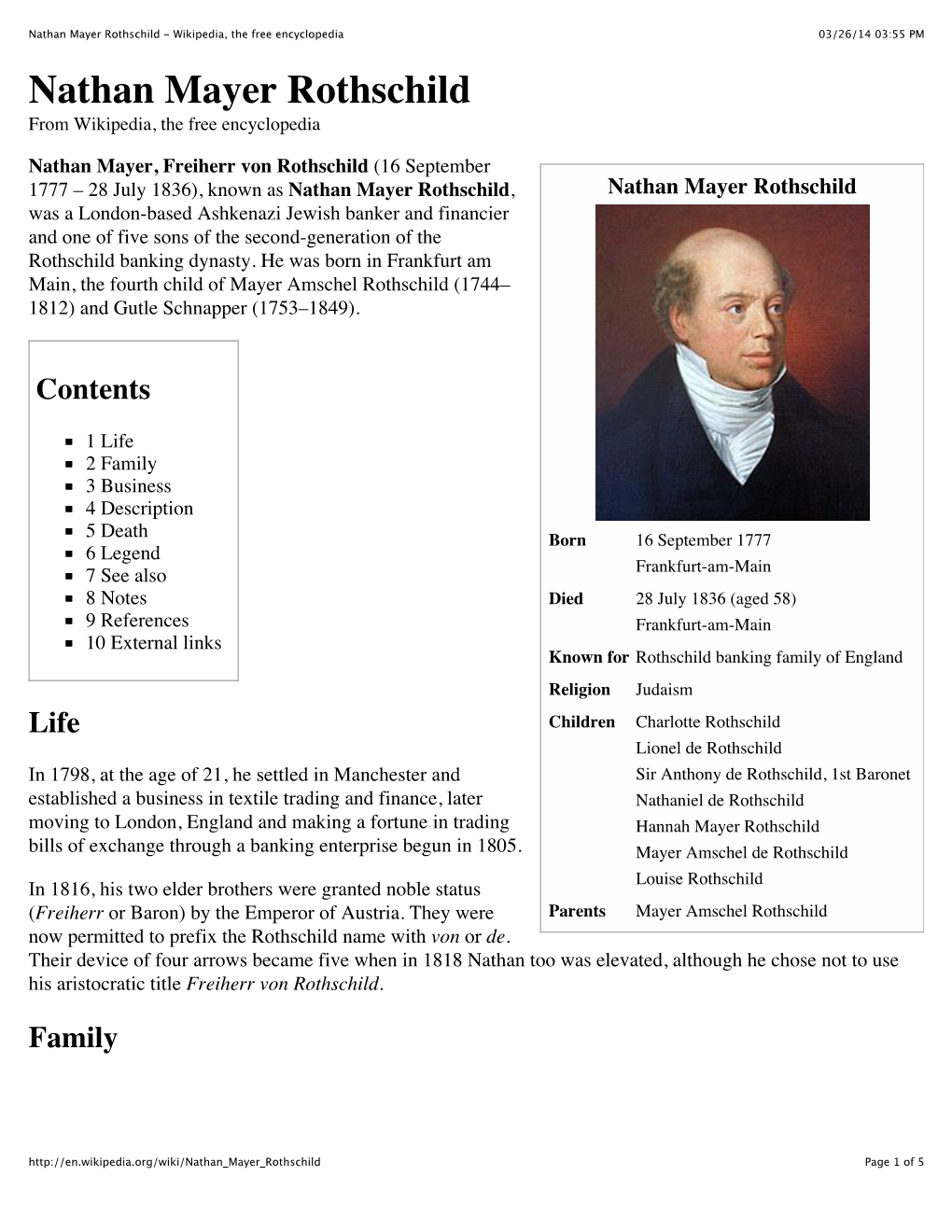 Nathan Mayer Rothschild - Wikipedia, the Free Encyclopedia 03/26/14 03:55 PM Nathan Mayer Rothschild from Wikipedia, the Free Encyclopedia