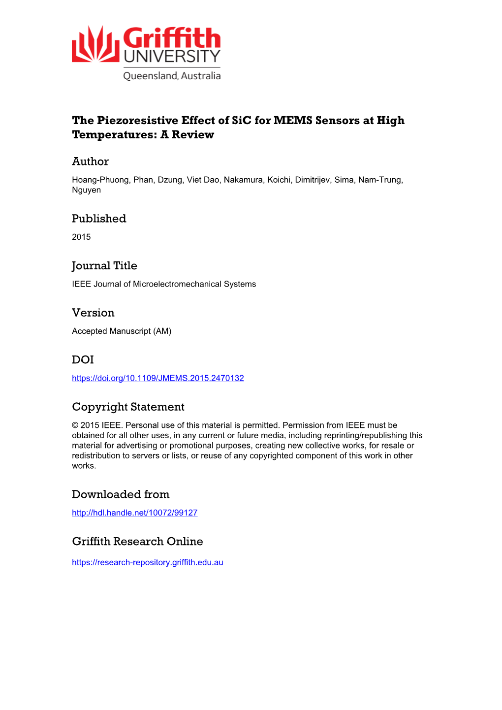 The Piezoresistive Effect of Sic for MEMS Sensors at High Temperatures: a Review