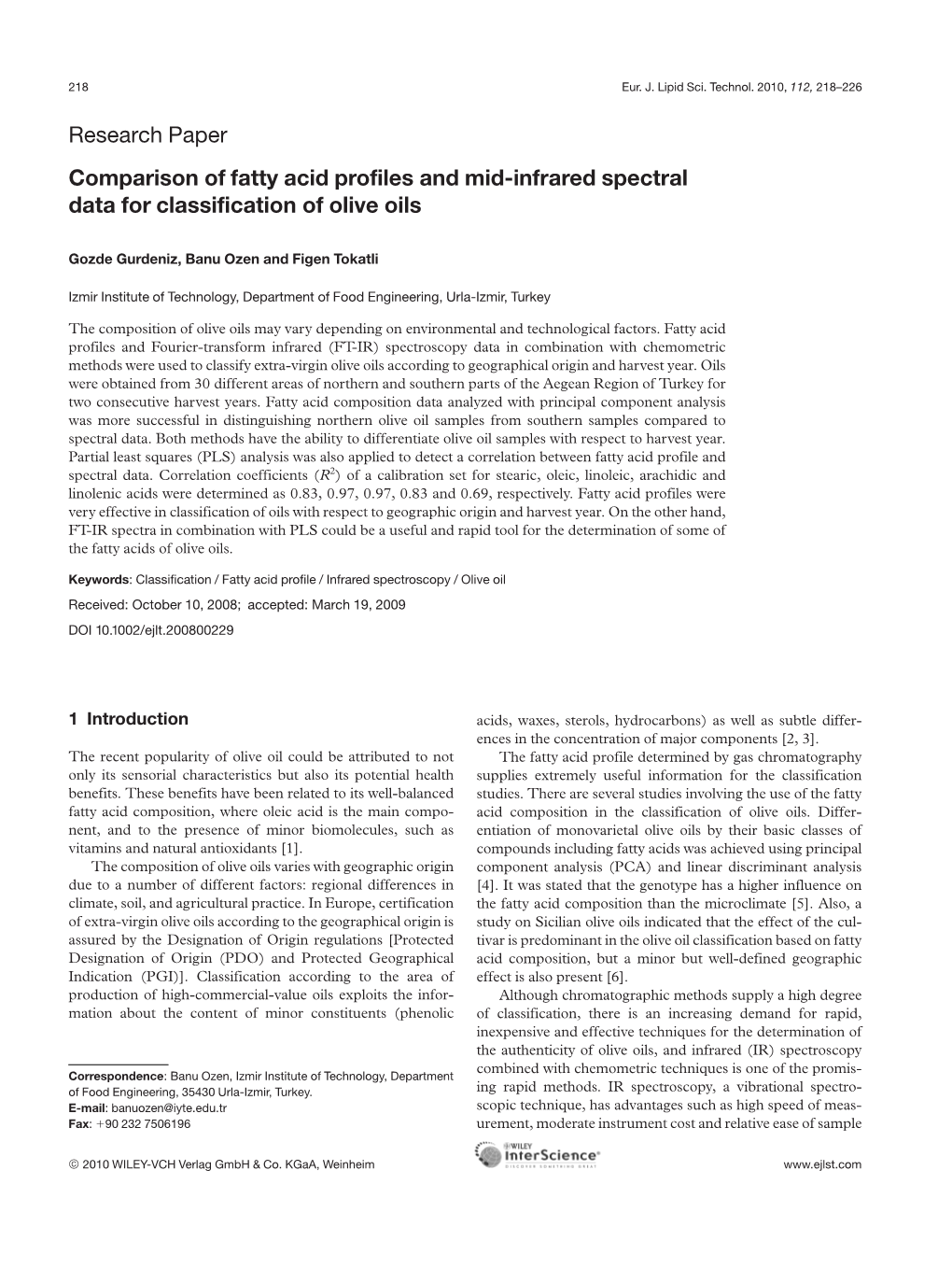 Comparison of Fatty Acid Profiles and Mid-Infrared Spectral Data for Classification of Olive Oils