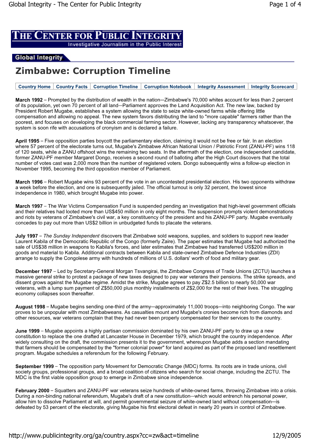 Zimbabwe: Corruption Timeline