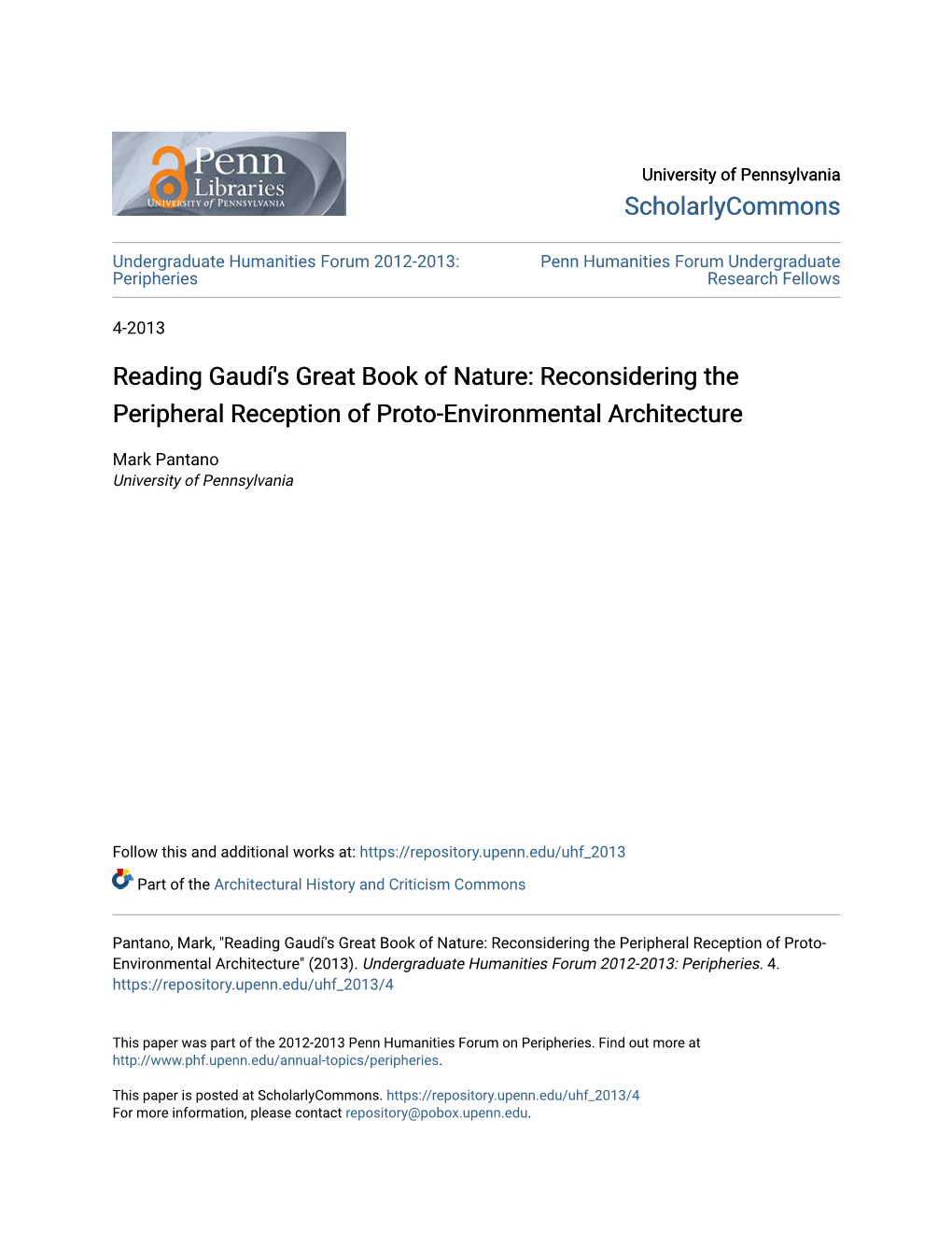 Reading Gaudí's Great Book of Nature: Reconsidering the Peripheral Reception of Proto-Environmental Architecture