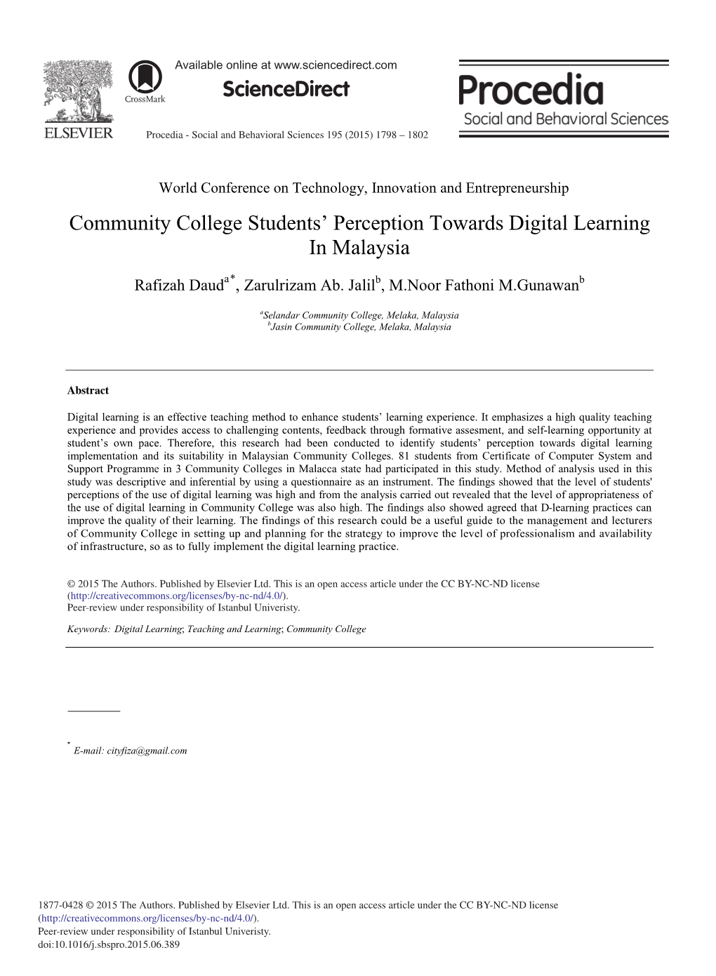 Community College Students' Perception Towards Digital Learning in Malaysia