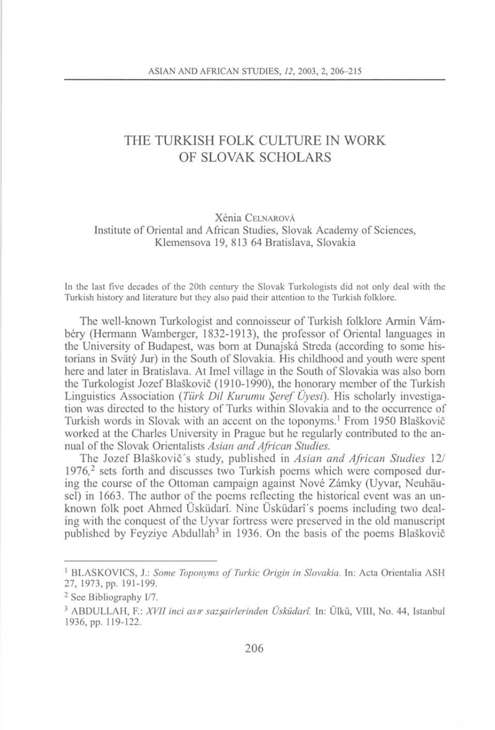 The Turkish Folk Culture in Work of Slovak Scholars