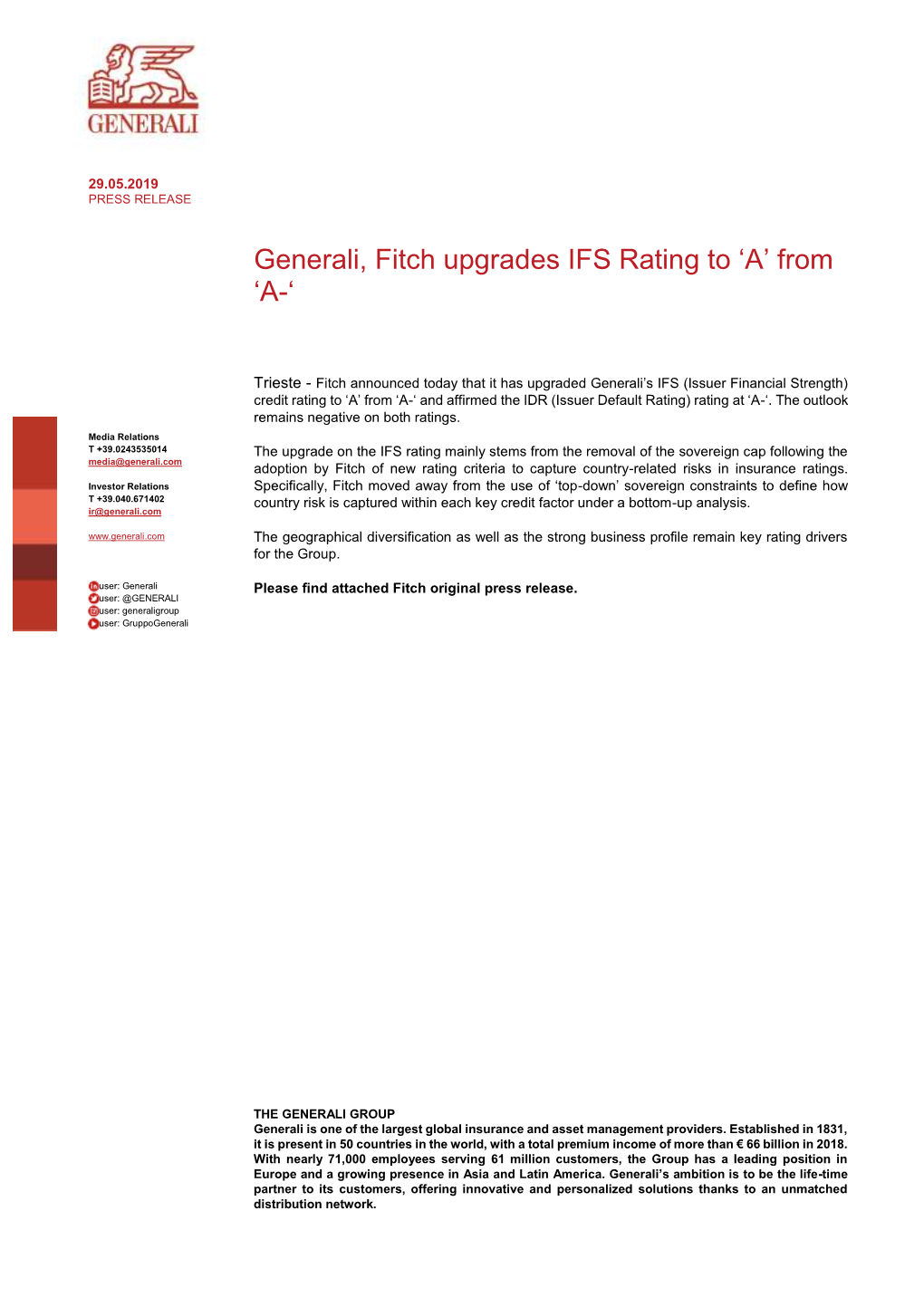 Generali, Fitch Upgrades IFS Rating to 'A' from 'A-'