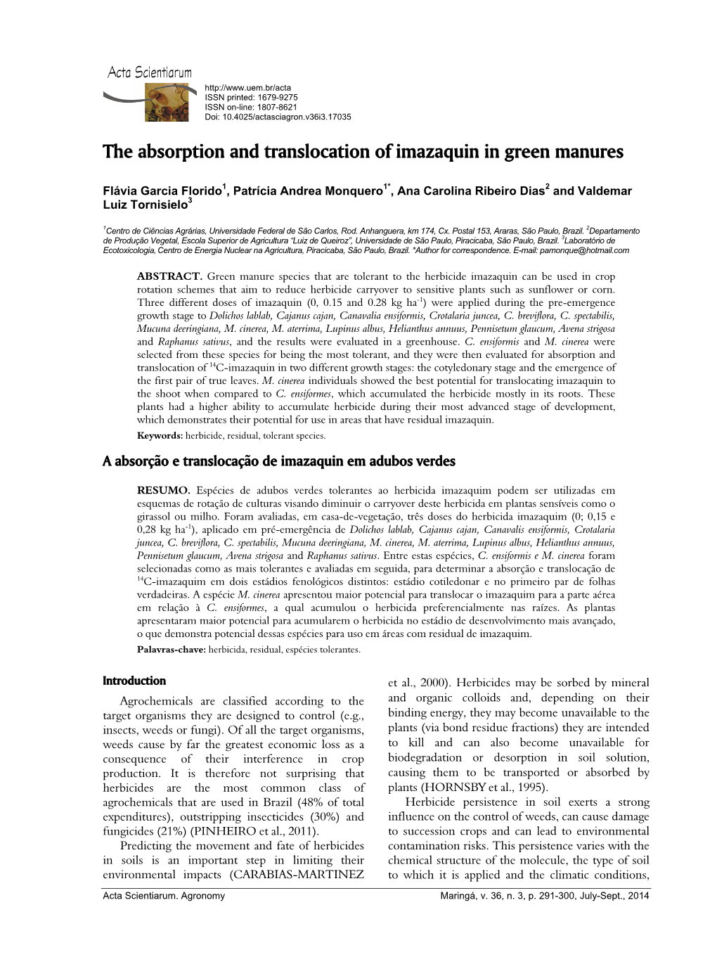 The Absorption and Translocation of Imazaquin in Green Manures