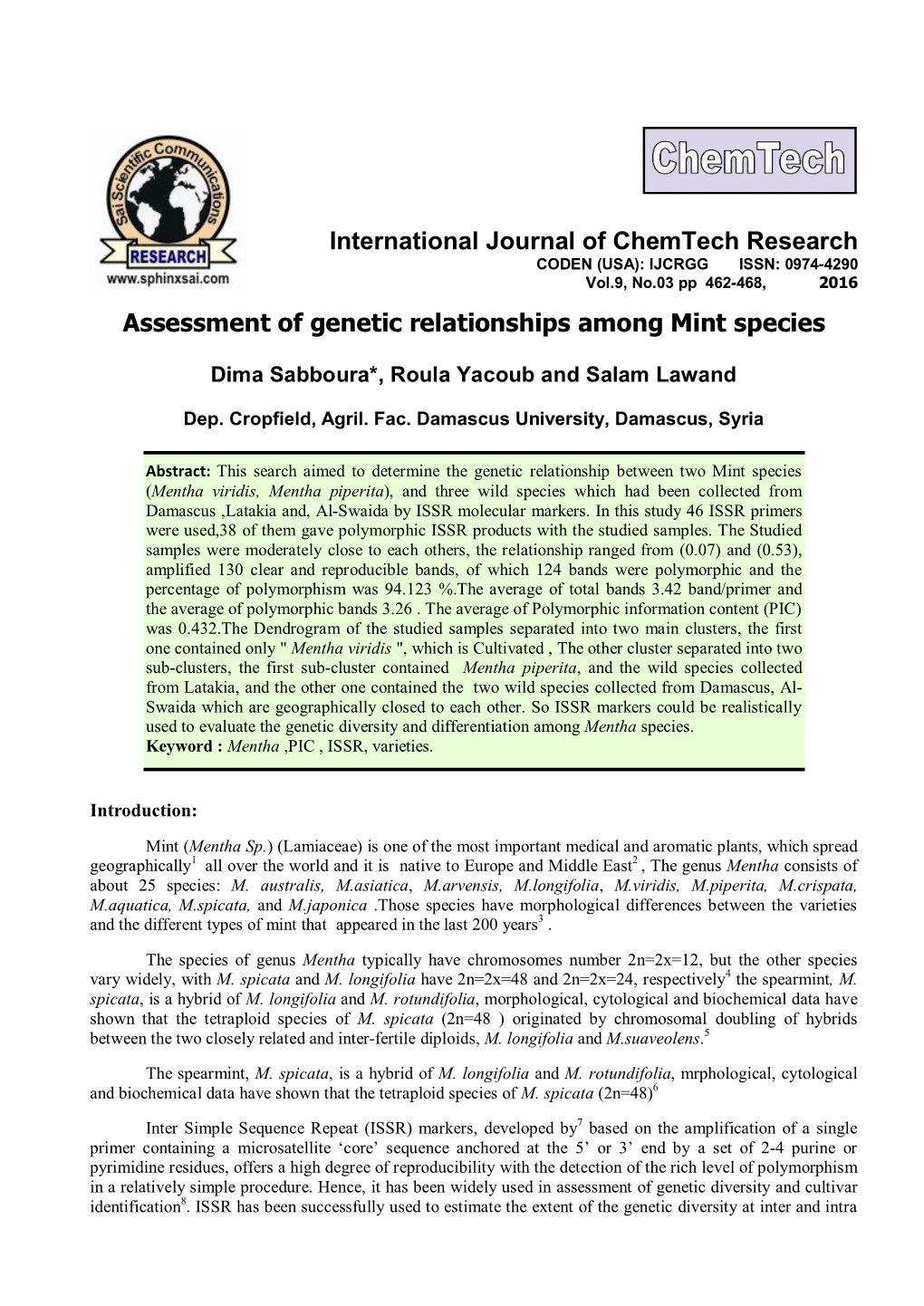 Assessment of Genetic Relationships Among Mint Species