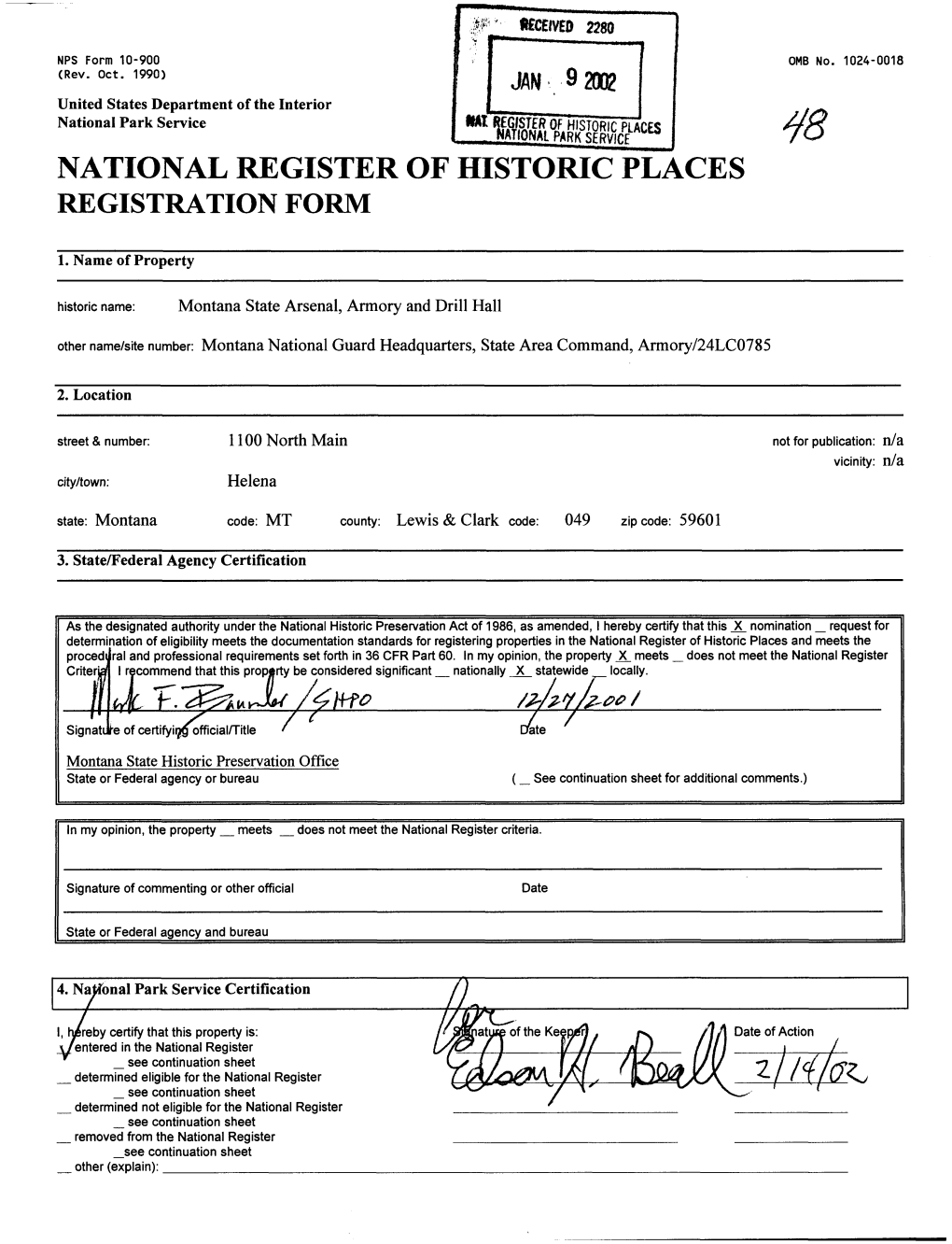 Montana State Arsenal, Armory and Drill Hall Other Name/Site Number: Montana National Guard Headquarters, State Area Command, Armory/24LC0785