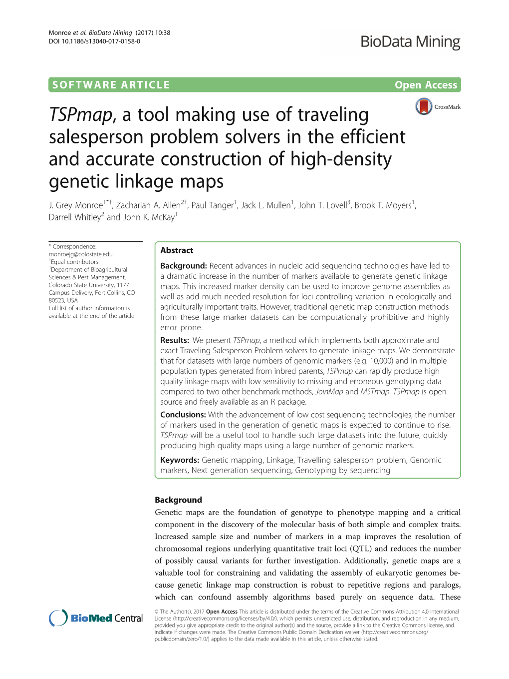 Tspmap, a Tool Making Use of Traveling Salesperson Problem Solvers in the Efficient and Accurate Construction of High-Density Genetic Linkage Maps J
