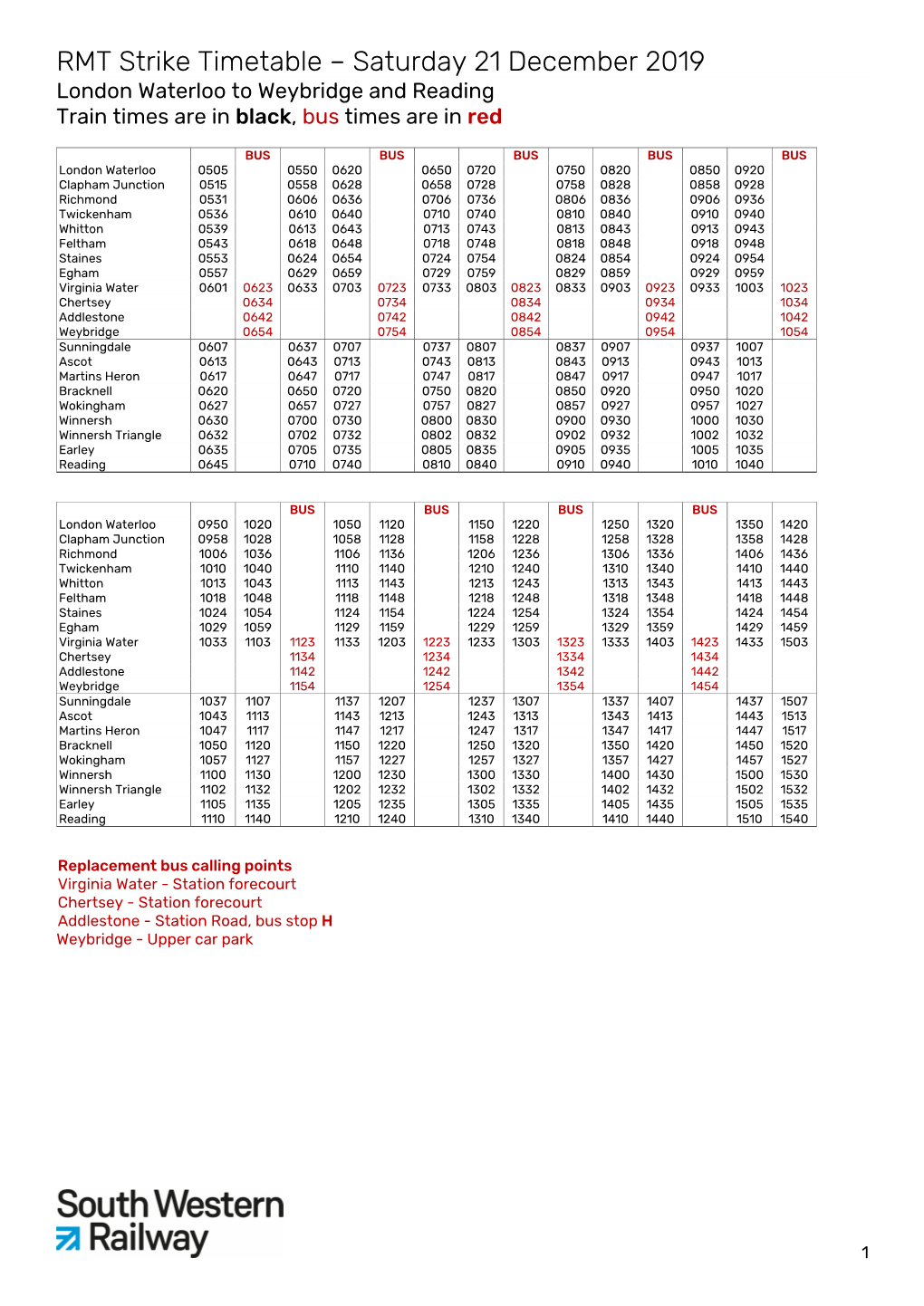 RMT Strike Timetable – Saturday 21 December 2019 London Waterloo to Weybridge and Reading Train Times Are in Black, Bus Times Are in Red