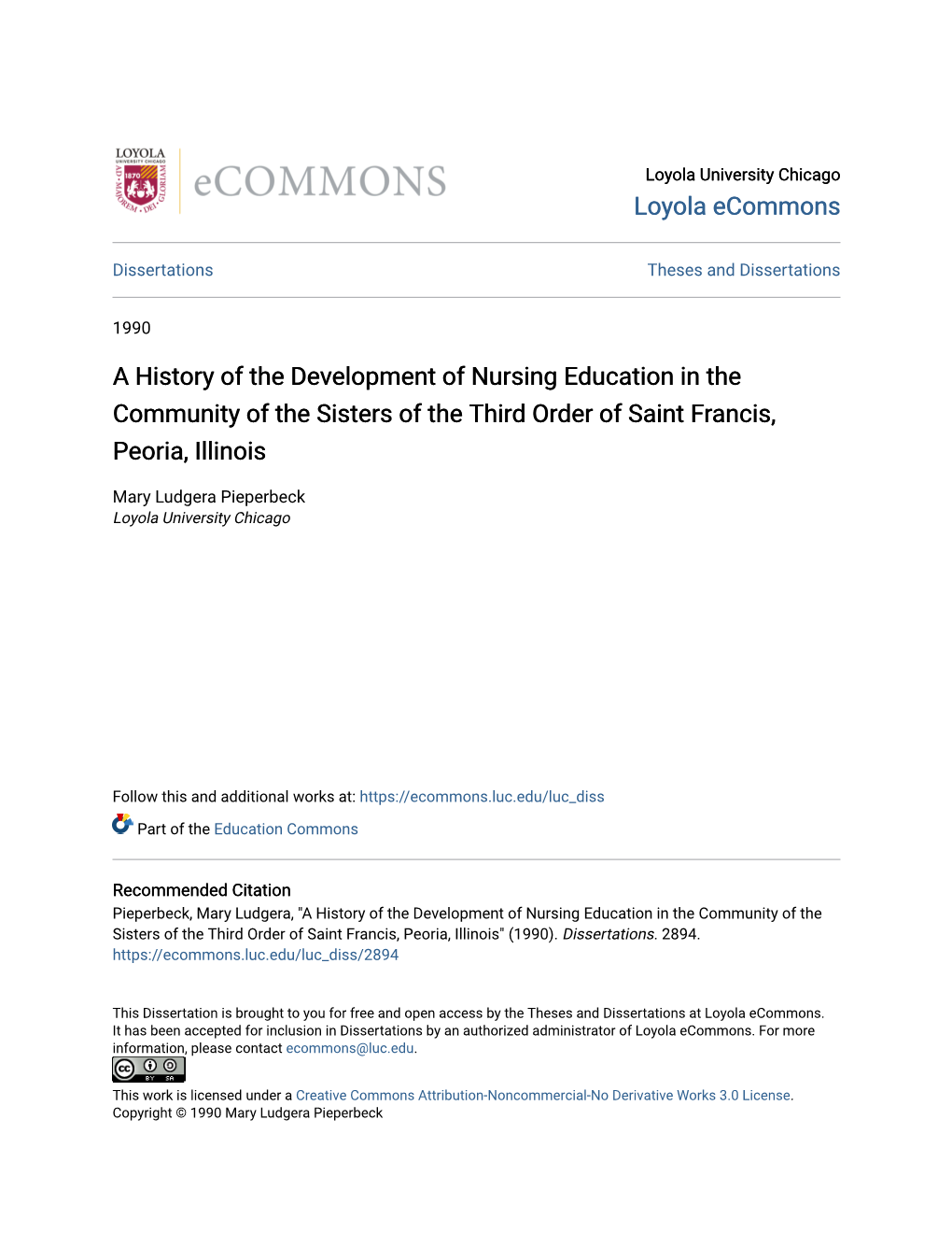 A History of the Development of Nursing Education in the Community of the Sisters of the Third Order of Saint Francis, Peoria, Illinois