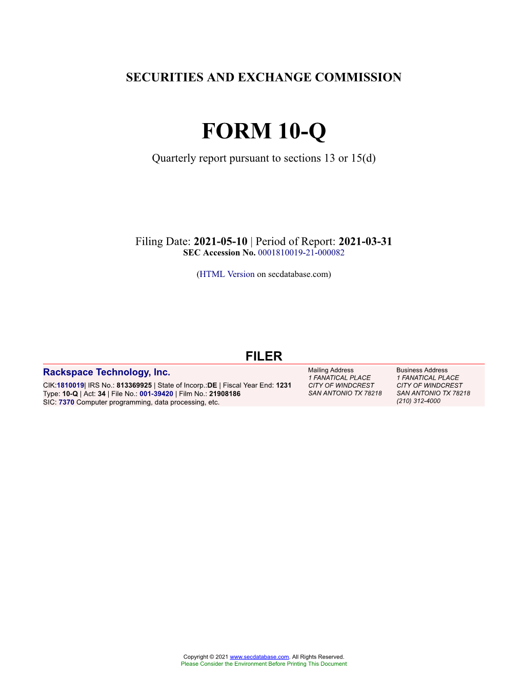 Rackspace Technology, Inc. Form 10-Q Quarterly