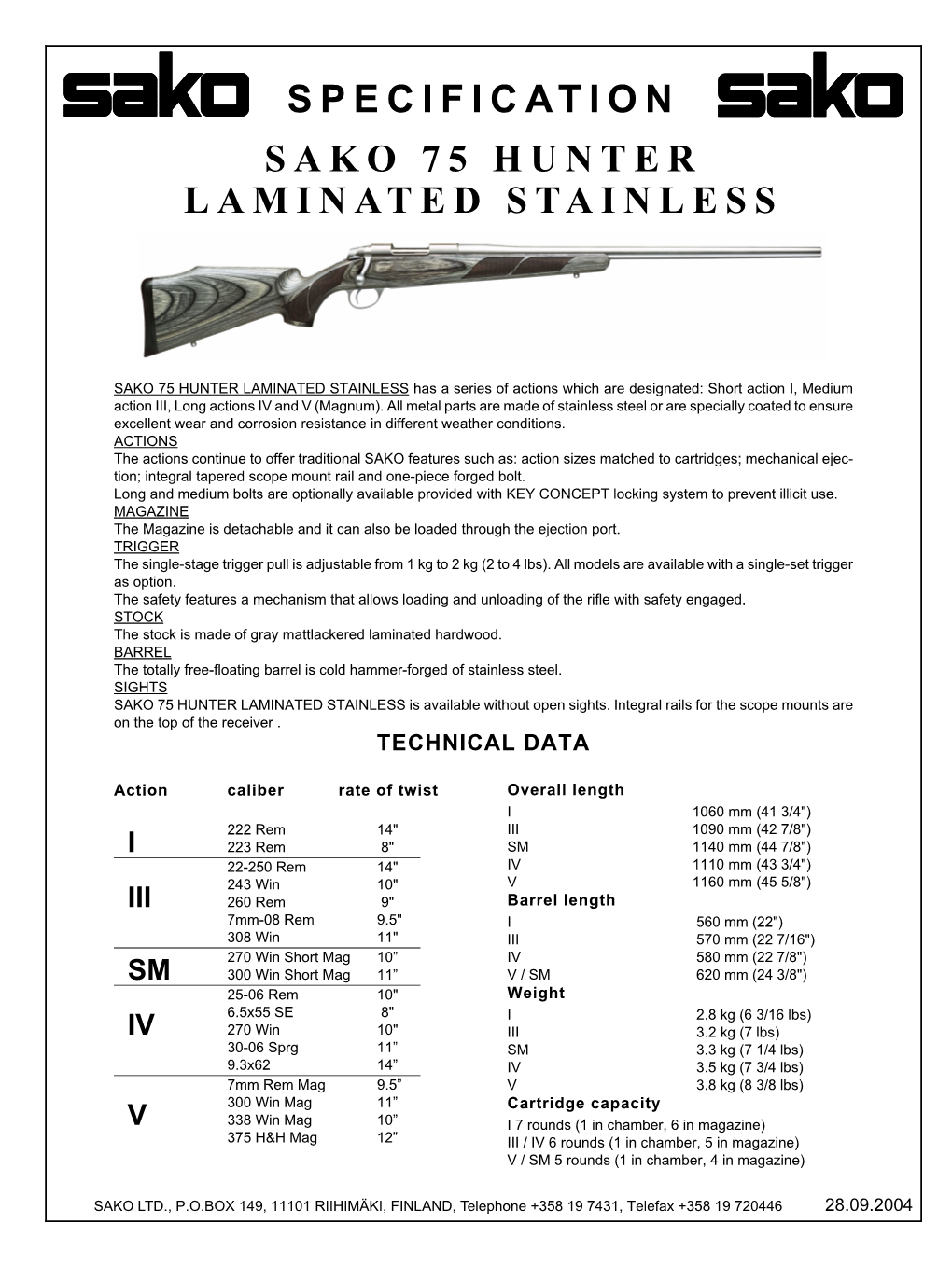 Specification Sako 75 Hunter Laminated Stainless
