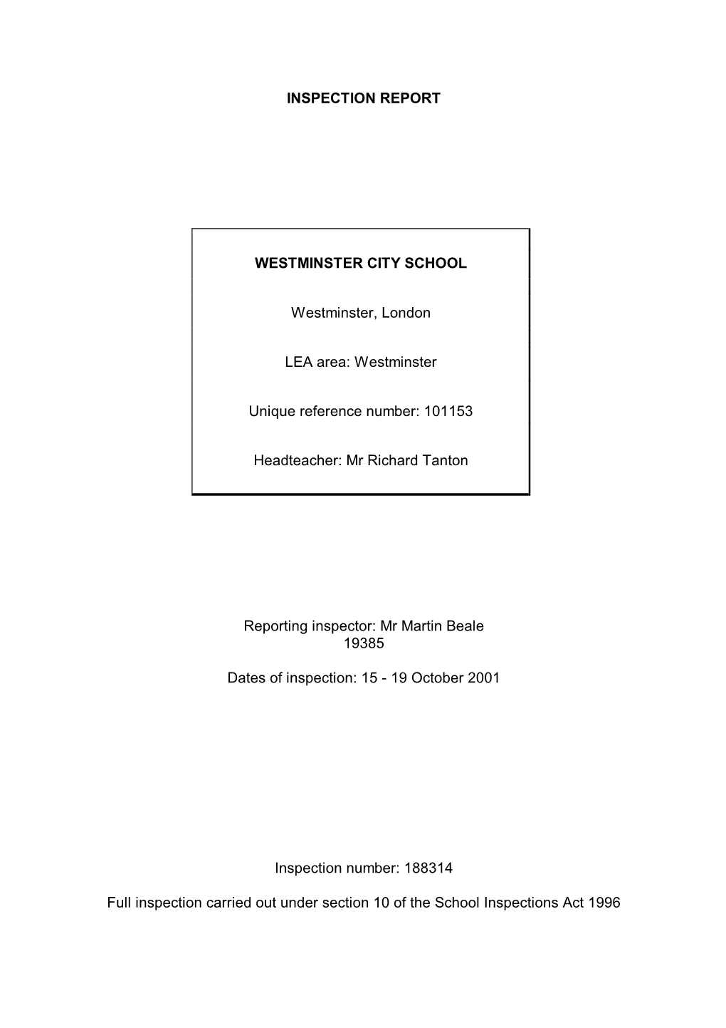 Inspection Report Westminster City School