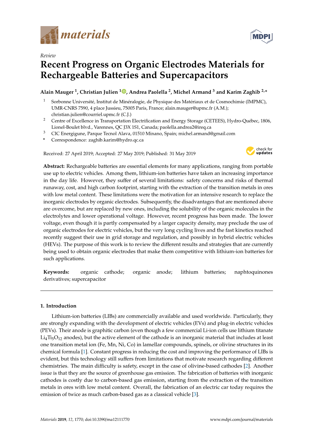 Recent Progress on Organic Electrodes Materials for Rechargeable Batteries and Supercapacitors