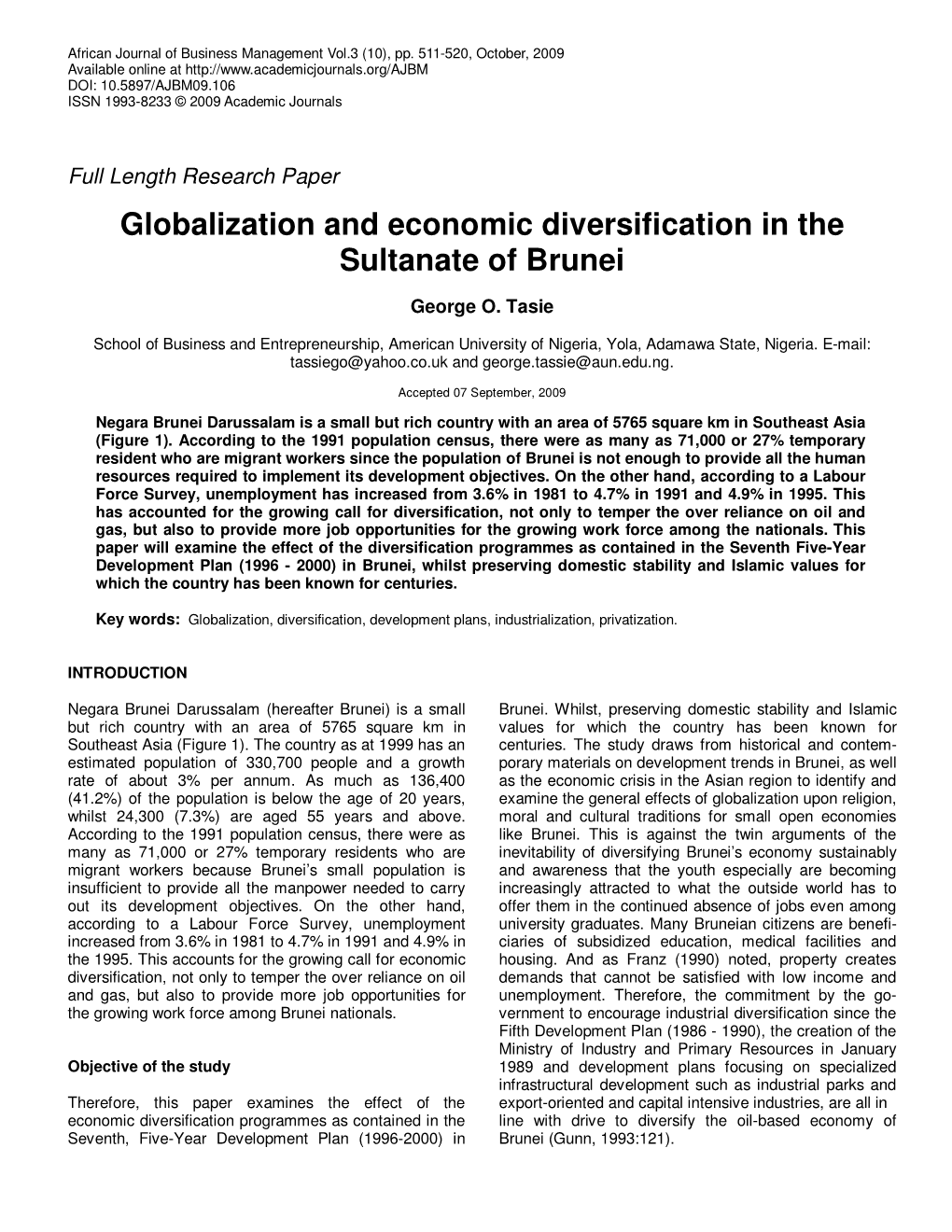 Globalization and Economic Diversification in the Sultanate of Brunei