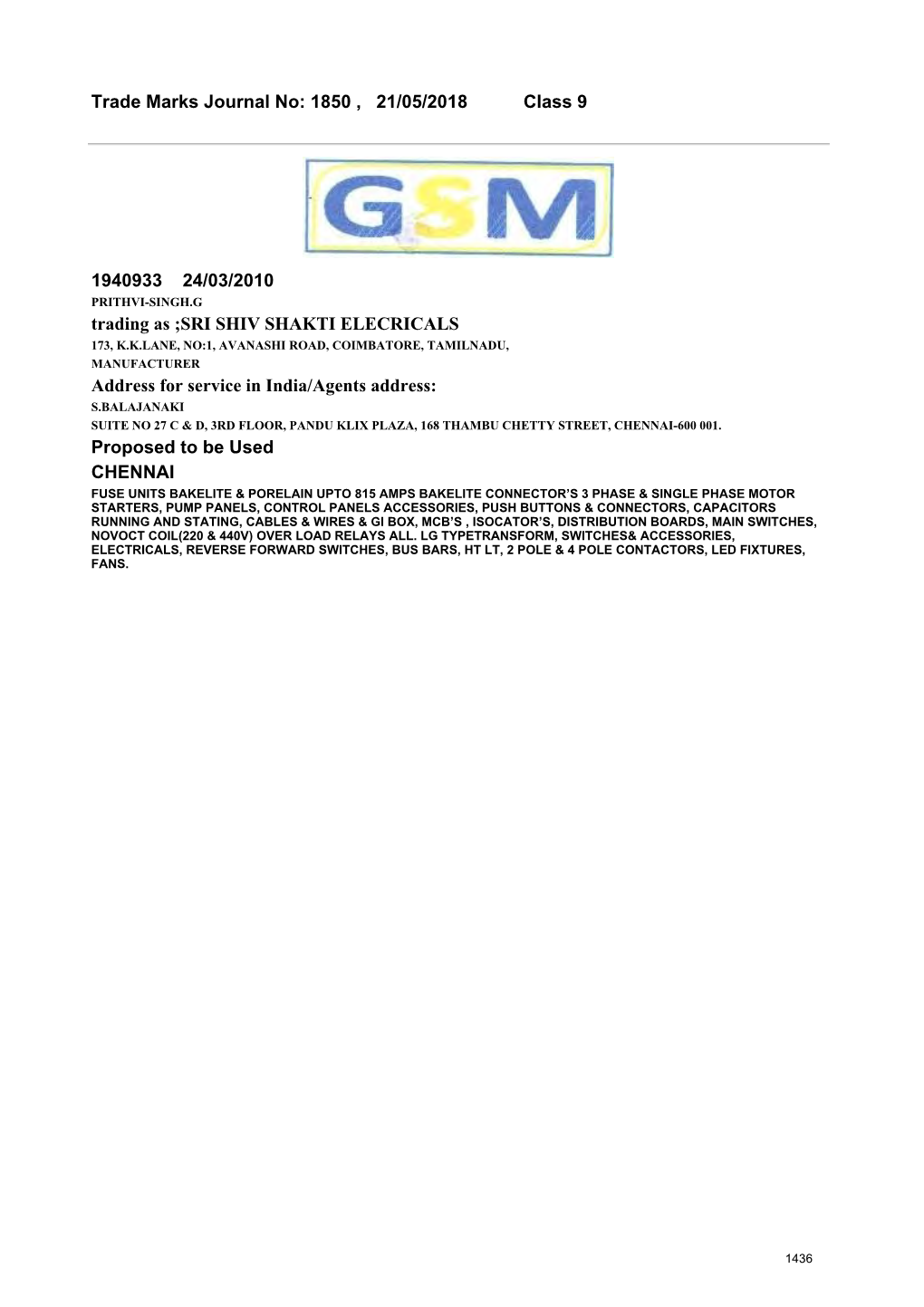 1850 , 21/05/2018 Class 9 1940933 24/03/2010 Trading As