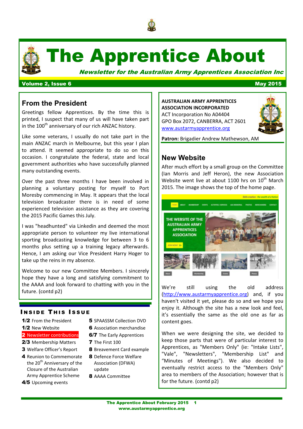 The Apprentice About Newsletter for the Australian Army Apprentices Association Inc