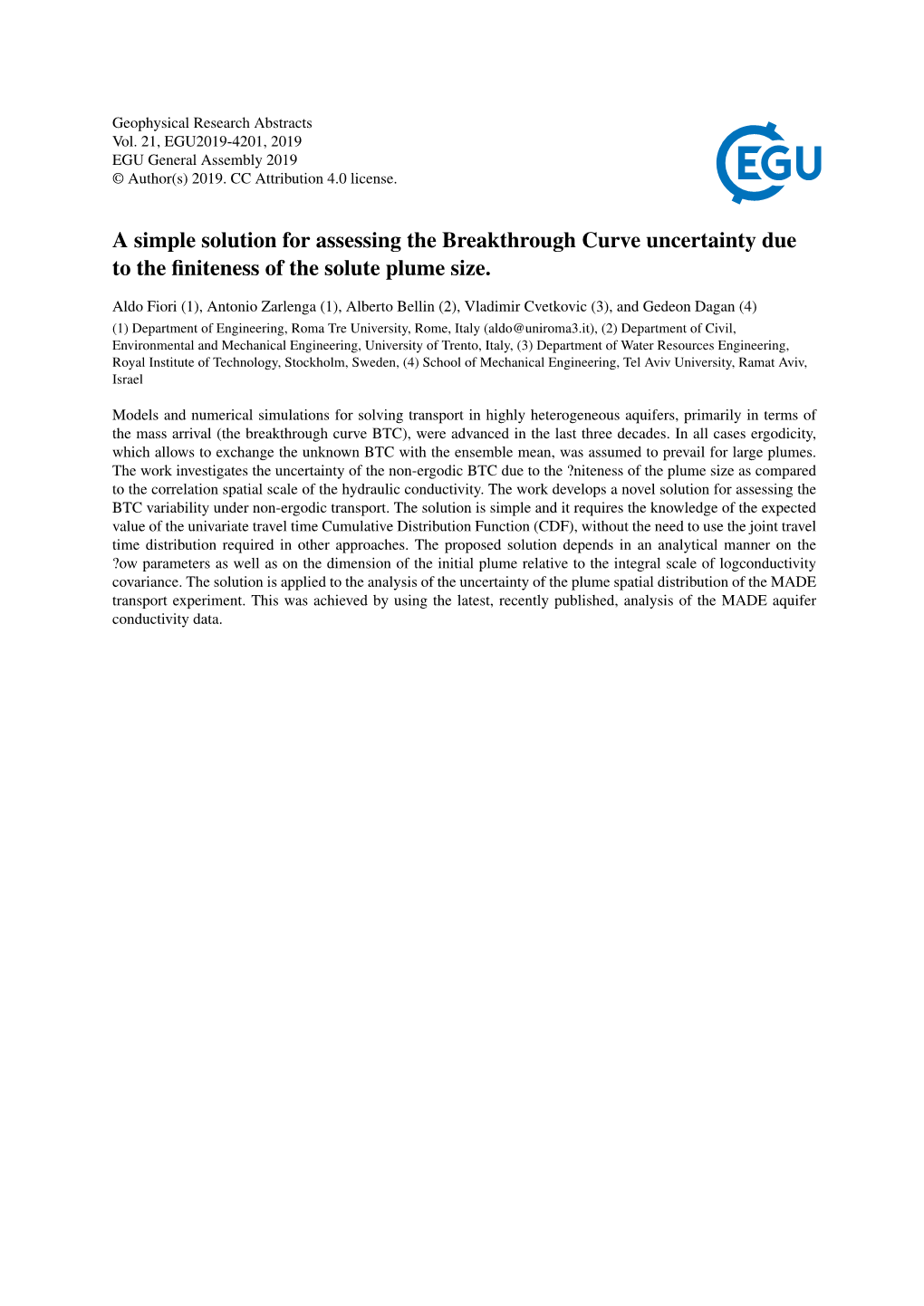 A Simple Solution for Assessing the Breakthrough Curve Uncertainty Due to the ﬁniteness of the Solute Plume Size