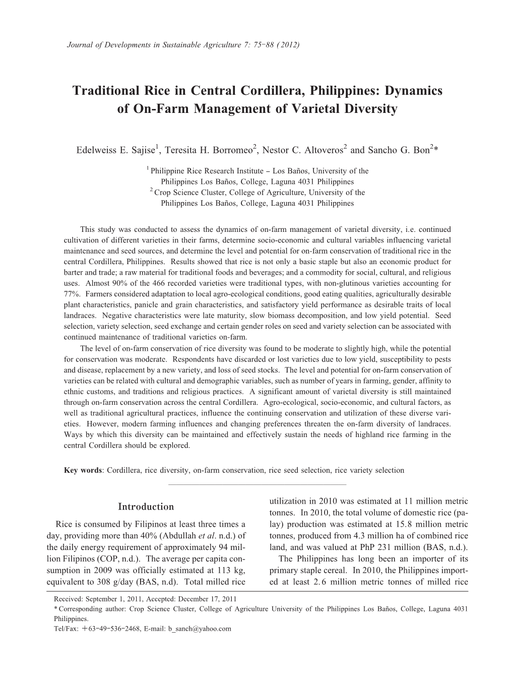 Traditional Rice in Central Cordillera, Philippines: Dynamics of On-Farm Management of Varietal Diversity