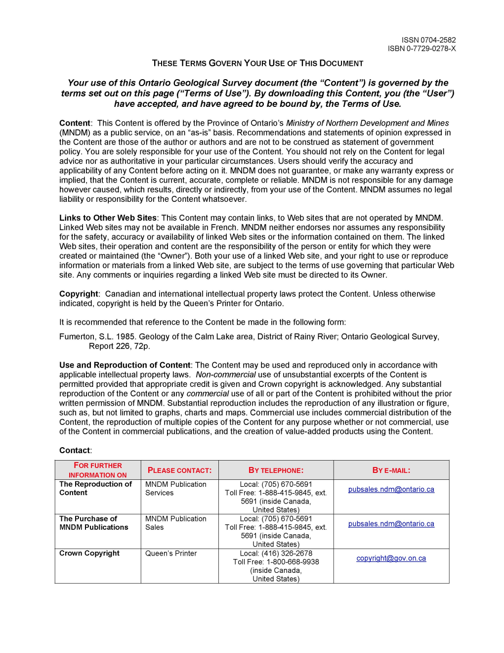 Geology of the Calm Lake Area, District of Rainy River; Ontario Geological Survey, Report 226, 72P